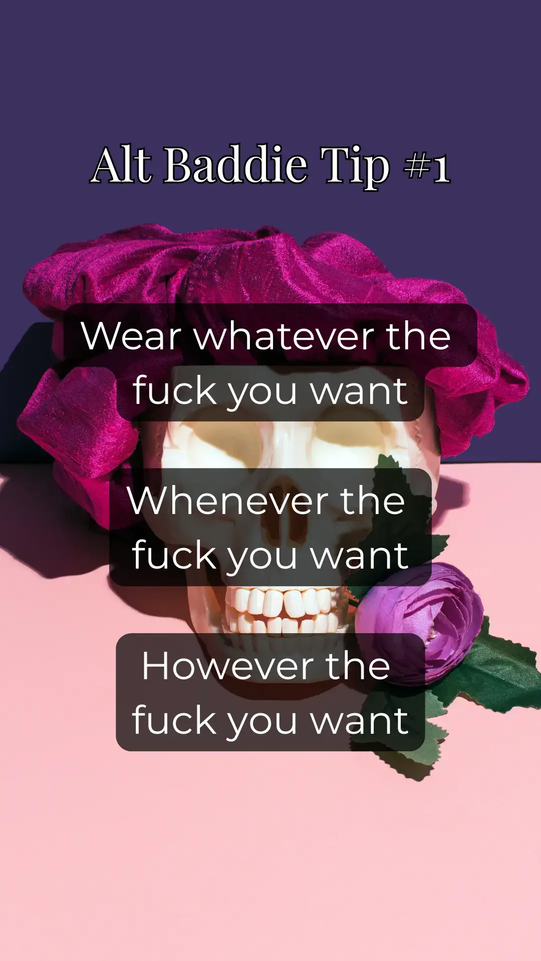 you know who you are, stop trying to prove yourself. want to wear a fuzzy pink sweater? sounds comfy, do it. too tired to do your makeup? same, don't. listen to taylor swift? cool enjoy. you do you. serve cvnt. cause chaos. 🖤  #alt #alternative #altgirl #alternativegirl #altfashion #alttiktok #alttok #altstyle #elderemo #elderemotiktok #goth #emo #tatted #fyp