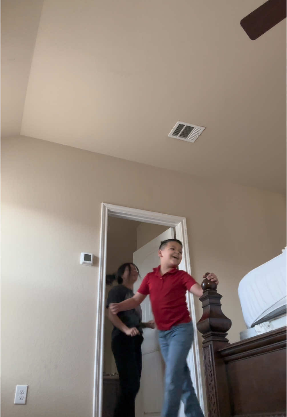 We locked ourselves out of the restroom and we were running late to school. Called my husband while he was at work and he told us to just break the door lmao. We tried! #fyp #foryou #thislittlelife 