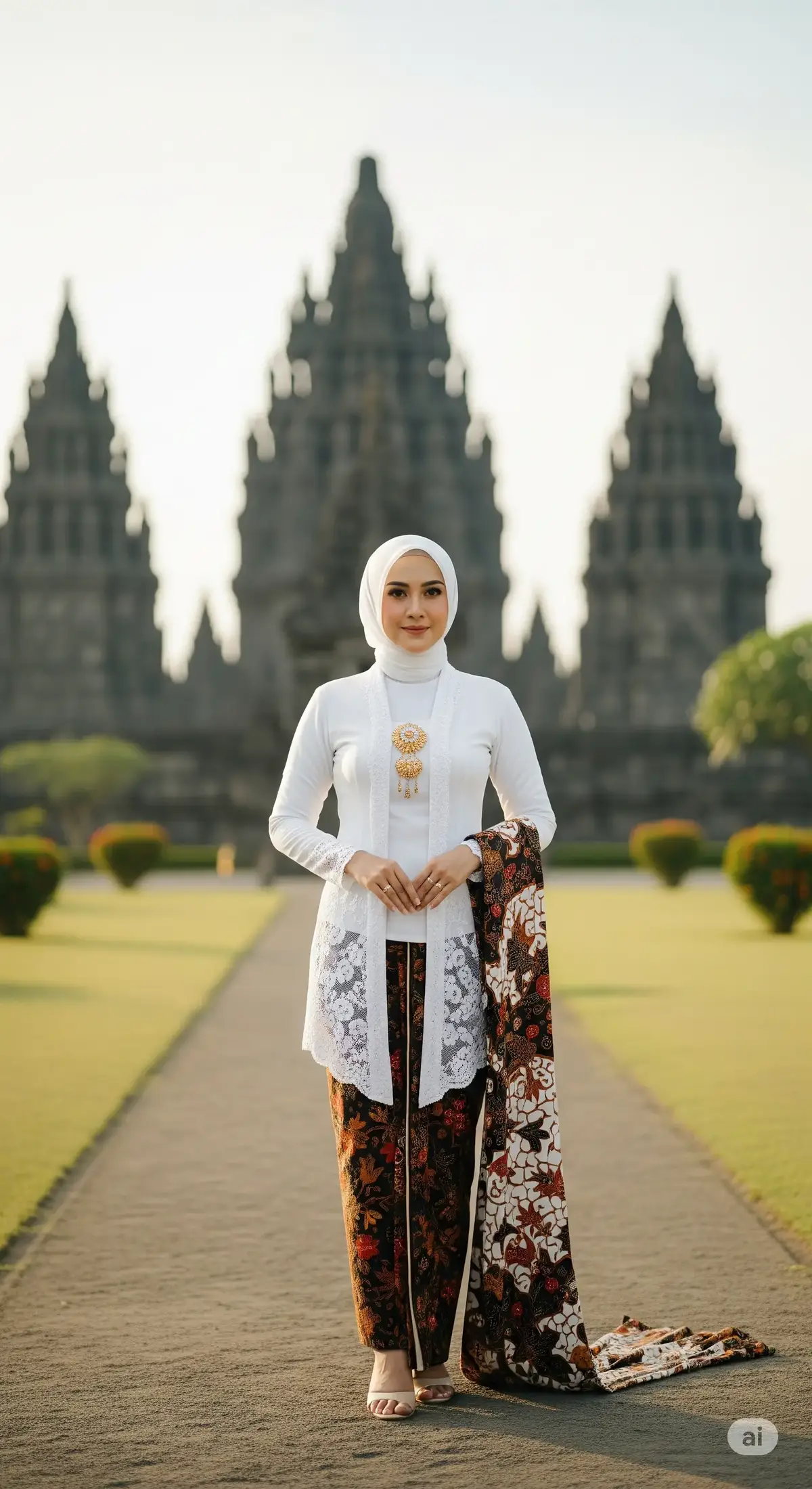 AI Prompt: Foto formal Indonesia bernuansa Jawa modern wanita berhijab, kebaya merah marun, dengan bros emas dan kain batik Jawa modern berdiri elegan, latar belakang keraton dan candi prambanan. pencahayaan yang lembut, komposisi simetris. ukuran 9 : 16