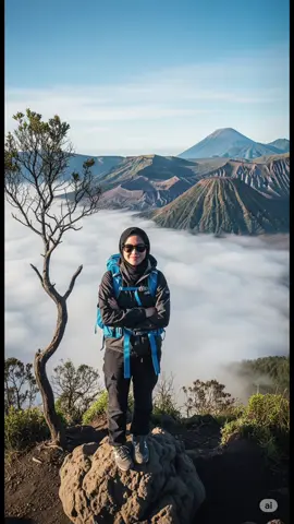 prompt versi cewe naik gunung prompt : Menampilkan seorang wanita berkerudung berusia 20 tahun difoto menggunakan drone, berbadan sedang, berdiri di puncak Gunung di Indonesia, tinggi di atas hamparan awan yang indah. di belakangnya ada pohon kecil yang hanya tersisa batang dan cabangnya. ada beberapa gunung di kejauhan yang menembus awan.  Wanita berkerudung berkulit putih itu mengenakan jacket gunung hitam dengan mengendong tas ransel biru dengan celana cargo hitam panjang dan sepatu new balance. menggunakan kaca mata hitam. la berpose dengan tangan terlipat dan wajah sedikit menoleh ke depan kameran. Waktu berlatar siang hari. rasio foto 9:16 #prompt #chatgpt #gemini #ai #fyp #gunung 