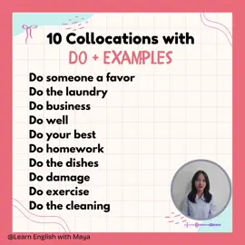 Learn English Phrases  |10 collocations with do+examples| #រៀនភាសាអង់គ្លេស  #learnenglishphrases  #collocation  #studyenglishonline  #learnenglish  #learnenglishonline  #englishwithmaya  #englishforbeginners  #englishforcambodia  #fyp  #viral #viralvideo  #viraltiktok 
