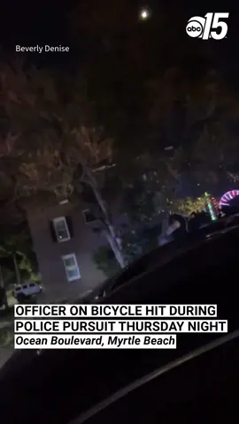 An officer on bicycle was hit during a pursuit on Ocean Boulevard Thursday night. Around 9:04 p.m., Myrtle Beach Police officers conducted a traffic stop on a Toyota 4 Runner at 1200 North Ocean Boulevard. Police said the driver didn't comply with officers and fled the scene. A second traffic stop was attempted a block north of the original location. The driver stopped but then accelerated, hitting a bicycle officer. In pursuit, the Toyota 4 Runner also hit a law enforcement vehicle. Police said spike strips were then successfully deployed, and the driver was taken into custody. Read more on wpde.com. #ABC15News #OceanBoulevard #MyrtleBeach