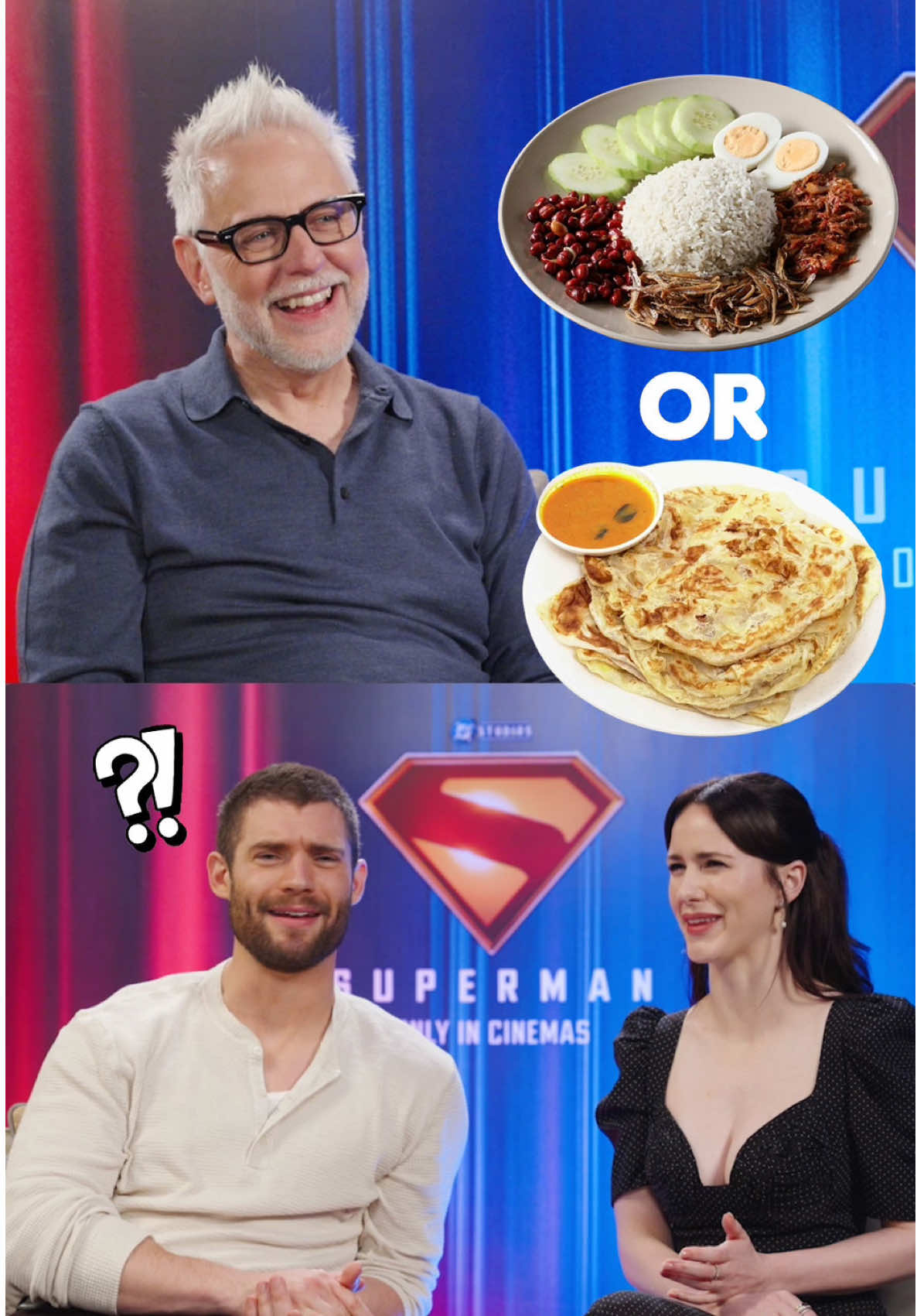 Roti Canai and Nasi Lemak in one bite ⁉️😮😵‍💫 #JamesGunn, #DavidCorenswet & #RachelBrosnahan take on our Malaysian This or That challenge 🇲🇾 ahead of the #Superman release this 10 July! 🦸‍♂️🔥 You won’t believe some of their answers 👀 #LookUp #WBPartner #ThisOrThat #challenge #SupermanMY#fypp#trendingg#virall#newmoviee #malaysiafood #malaysia #nasilemak #roticanai #tehtarik #milo #klcc #merdeka118 #cicakman #keluangman #Superman2025#LookUpManilaa#Junkett#Intervieww#Directorr#Castt