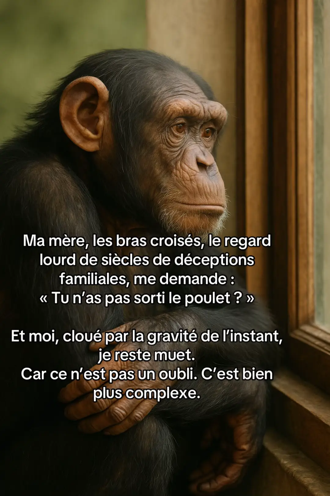 Et si l’oubli d’un poulet congelé révélait les tourments d’une âme en quête de sens ? À travers le regard inquiet d’un primate songeur, d’un peintre inspiré et d’un diplômé grave, cette vidéo explore les méandres de la procrastination moderne. Ce n’est pas une excuse. C’est une confession. Entre satire domestique et existentialisme de cuisine, découvrez le plaidoyer d’un homme face à l’ultime question : « Faut-il vraiment sortir le poulet… quand on n’est pas prêt ? » #trois2qi #quatre2qi 