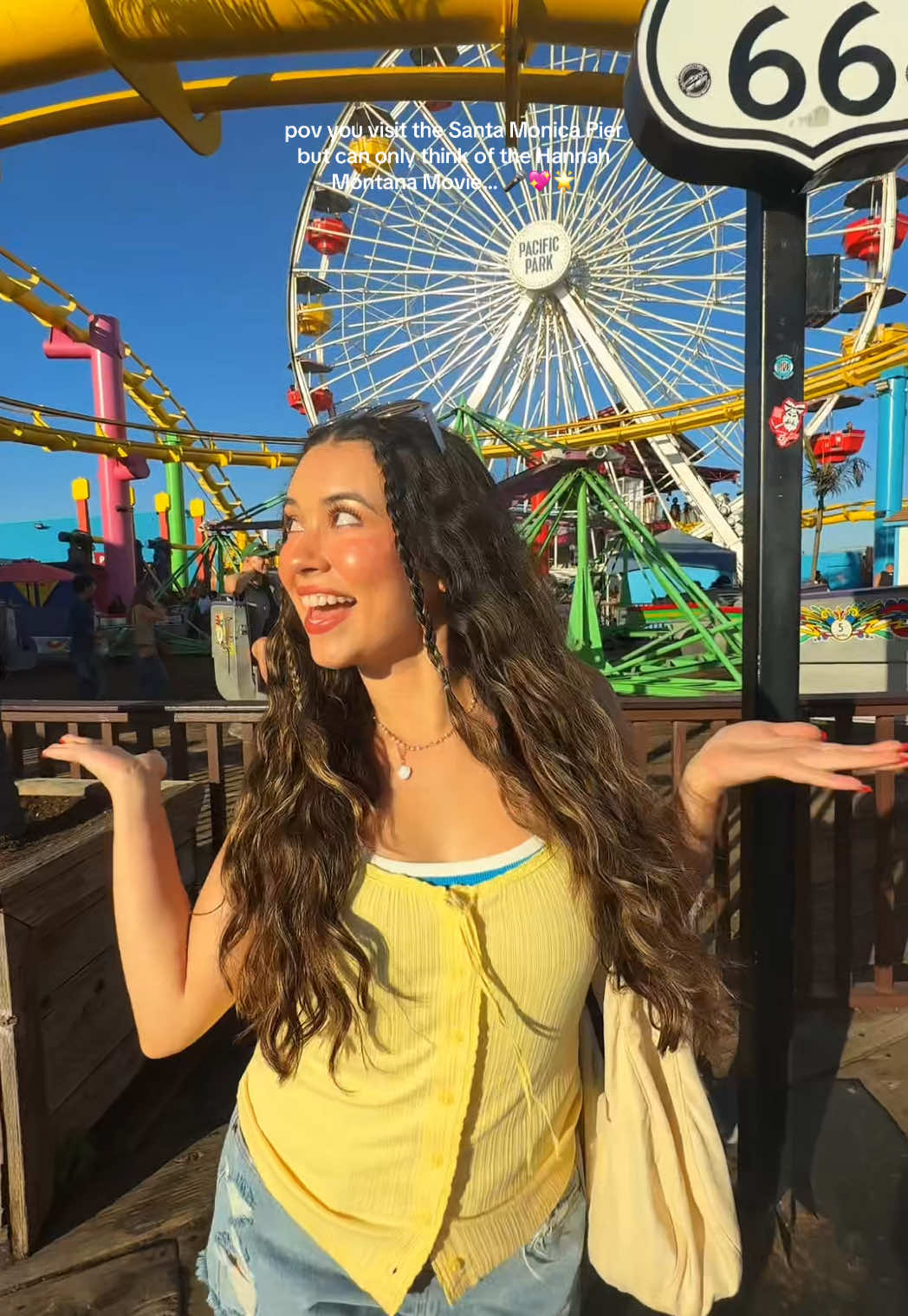visiting the Santa Monica Pier means making a Hannah Montana music video ofc !!! 💖🌟  this is where they filmed “let’s get crazy” from Hannah Montana the Movie!! 🎡 @Disney Channel @Disney+ #hannahmontana #hannahmontanathemovie #letsgetcrazy #santamonicapier 