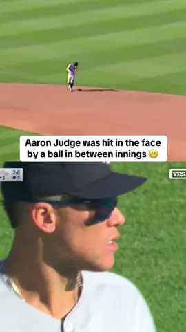 Judge was able to stay in the game after being hit in the face by a ball thrown by Anthony Volpe in between innings 🙏 (via @MLB, @YES Network, @SNY) #MLB #yankees #aaronjudge #baseball