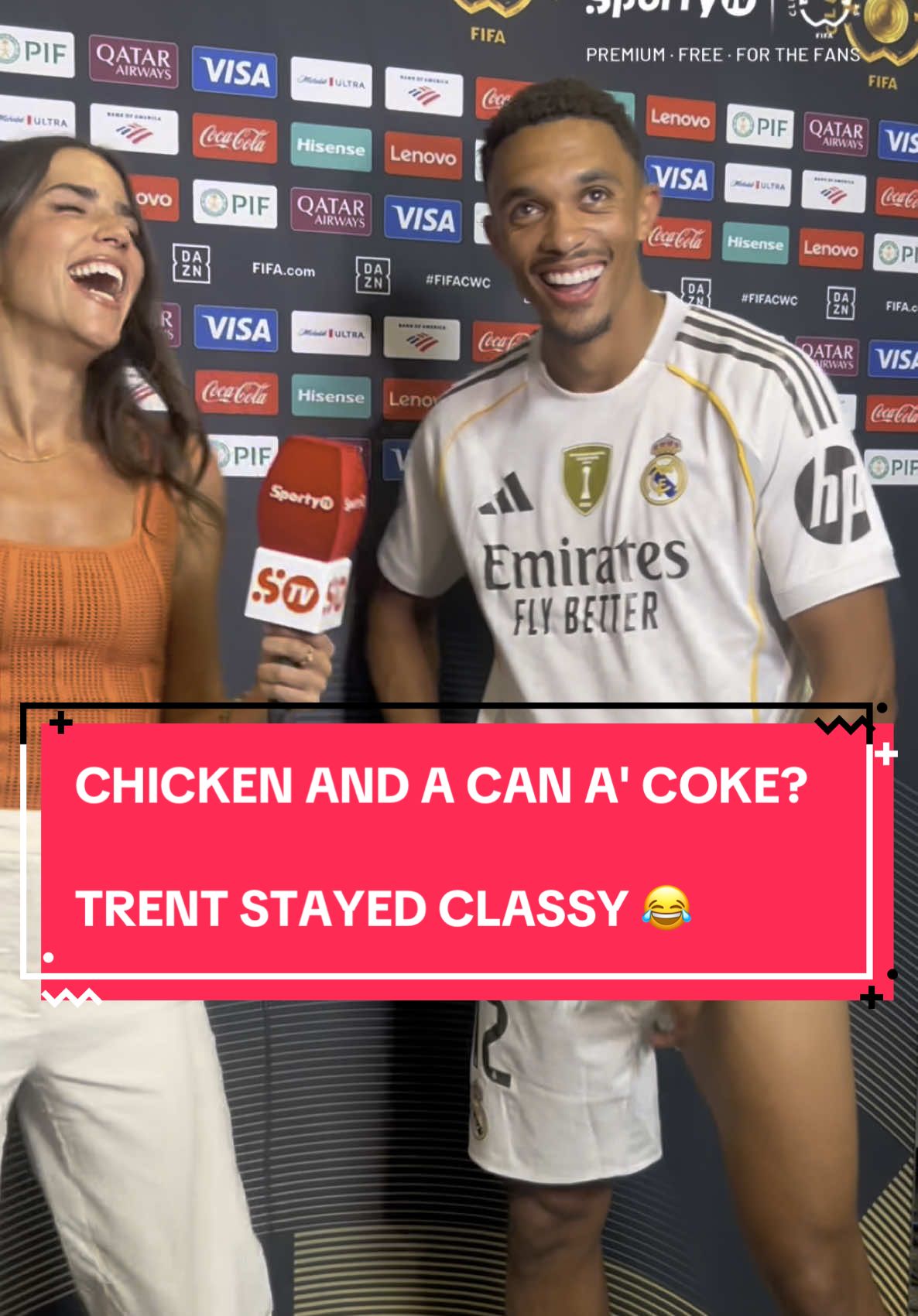 “Chicken and a can of Coke?” Trent knew the meme, but stayed classy 😂 #SportyTV #FIFACWC #RealMadrid #BorussiaDortmund #TrentAlexanderArnold #africansports #sportsontiktok 