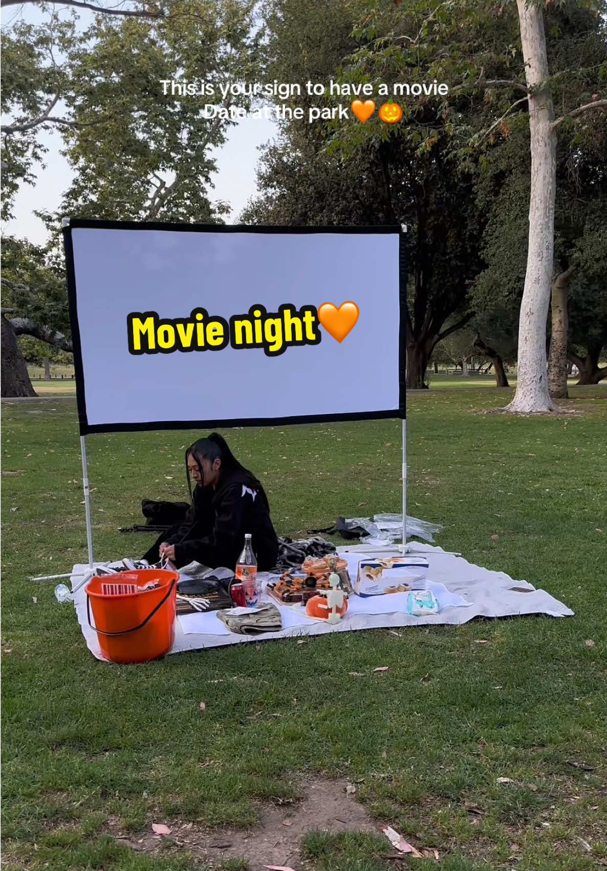 Perfect summer night date idea🧡🎃 - - - #outdoorcinema#projector#dateideas#datenight#couples#familyday#picnic#parkdate#horror#spooky#spookyseason#hhn#horrornights#halloween#fyp#creatorsearchinsights#films#ghostface