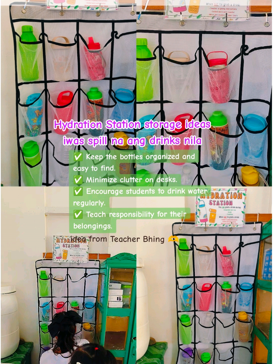 Hydration station. Iwas spill na ang drinks nila. ✅ Keep the bottles organized and easy to find. ✅ Minimize clutter on desks. ✅ Encourage students to drink water regularly. ✅ Teach responsibility for their belongings. #teacher #teachersoftiktok #teacherlife #schoolhacks #teacherhack #teacherideas #discipline #routine #waterorganizer #organizer #shoeorganizer 