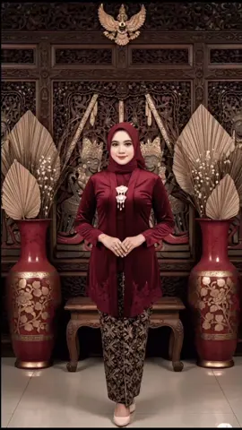 Prompt : Foto formal Indonesia bernuansa Jawa modern wanita umur 25 tahun dengan berat badan 62 kg dan tinggi badan 155cm memakai berhijab, kebaya merah marun, dengan bros emas dan kain batik Jawa modern berdiri elegan, latar belakang keraton dekorasi tradisional Jawa seperti ukiran kayu dengan motif wayang, vas merah dan emas serta besar berisi tanaman kering. pencahayaan yang lembut, komposisi simetris. Ukuran 9:16 #Ai #geminiAi #chatGpt  #remakefaceai #trendtiktok 