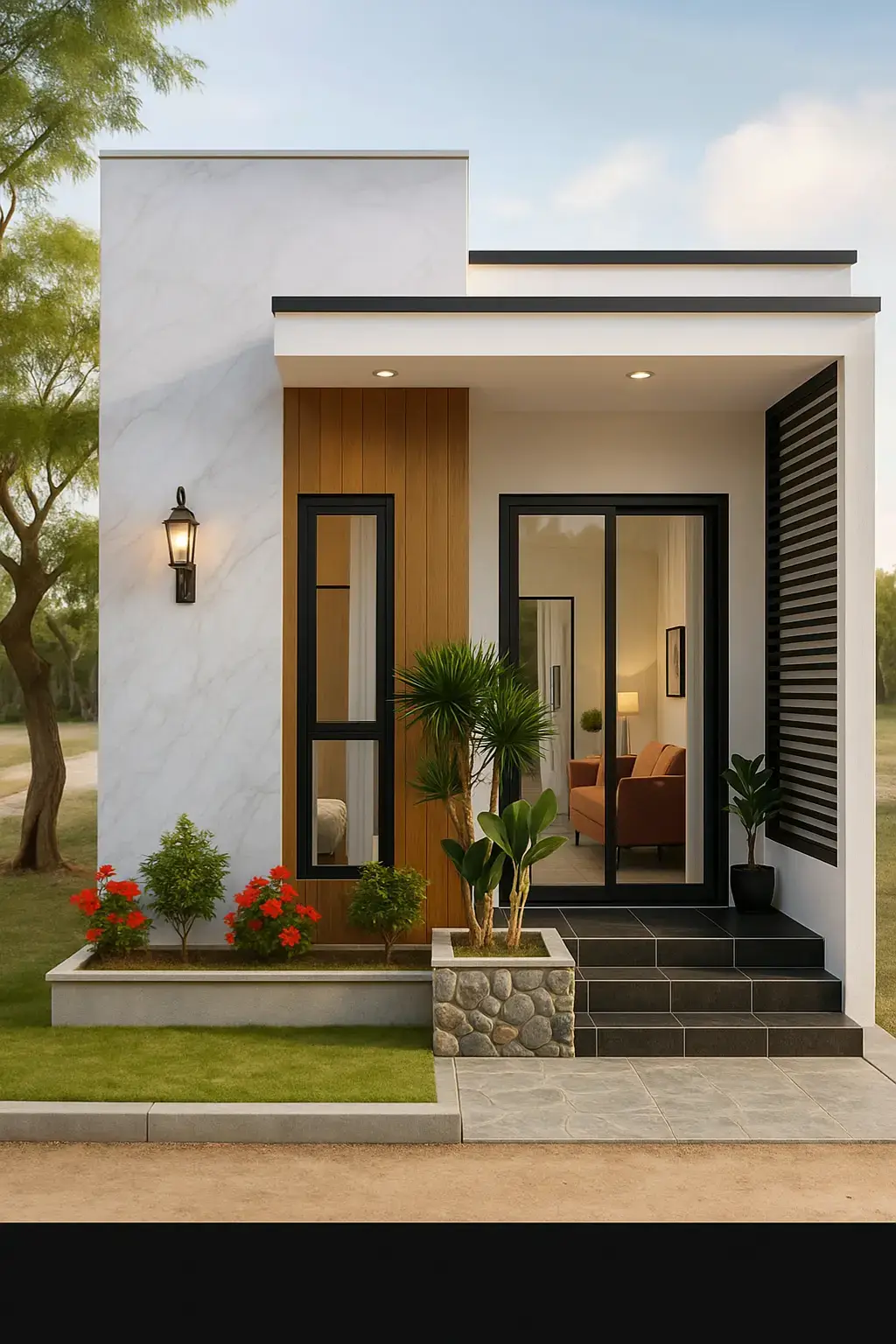 Inspirasi rumah modern minimalis 1 lantai dengan atap datar. Aksen mana yang kamu suka? #desainrumah #rumahimpian #corativ 
