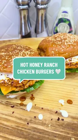 Hot Honey Ranch Chicken Burgers 🤍 Literally obsessed with hot honey and ranch so why not stick them on a burger lol… this was absolutely outstanding… saw this pop up on the gram from @alexskitchenbangers So quick and simple to make & they taste insanely good 😍 - add your chicken mince to a bowl and season with 1/2 tsp of garlic granules, onion salt, black pepper & 1 tsp smoked paprika and give it a really good stir then roll into balls  - then fry them for 3-4 mins on low/medium heat on each side, one you are done add a drizzle of hot honey to one of the burgers  - then get your bun at the bottom I did ranch dressing, lettuce, chicken, cheese, the other chicken that has hot honey on it then added a small amount more ranch then a drizzle of hot honey then you are done 😁 . . #chicken #hothoney #ranch #burgers #fyp#fypk#tiktoko#foodblogoo#fooda#healthymealsokingtiktok #cookingathome #inthekitchen #mea#mealideaso#Foodiesyrecipes