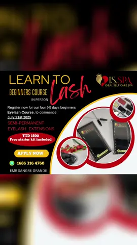 BEFORE SCROLLING STOP CHECK THIS OUT!  Are you interested in learning  a new skill? DID YOU JUST COMPLETE EXAMS? DO YOU WANT TO CREATE AN INCOME? WHO DO YOU KNOW WOULD BE INTERESTED IN AN EYELASH COUSRE?  The ever growing beauty industry invites you to be a part of the global lash artist.  On, July 21st 2025 IS.SPA LOCATED EMR SANGRE GRANDE is offering A four days lash course. We encourage you to register with us!  Small group sessions tailored to promote individual attention. Four days of intense learning. Interactive Class.  Free Full starter kit provided. Course TTD1500  A COUSRE YOU CANNOT MISS! WHATSAPP 868 316 4760 TO RESERVE YOUR SEAT