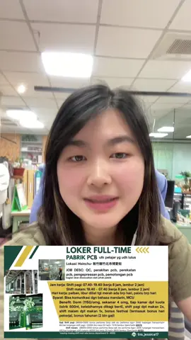 Halo, ada loker di pabrik PCB, daerah Hsinchu Zhubei utk pelajar yg udh lulus, g*ji tinggi bisa up to 50k, benefit jg oke, yg minat, atau mau tanya-tanya, blh chat ya, gratis, gada biaya admin atau agent apapun #jobvacancy #studentlife #students #overseas #indo #indotaiwan #白領 #tns #畢業生 #whitecollar #lokertaiwan #indonesia #pabrik #pabrikelektronik #pcb #hsinch #hsinchutaiwan🇹🇼 #zhubei 