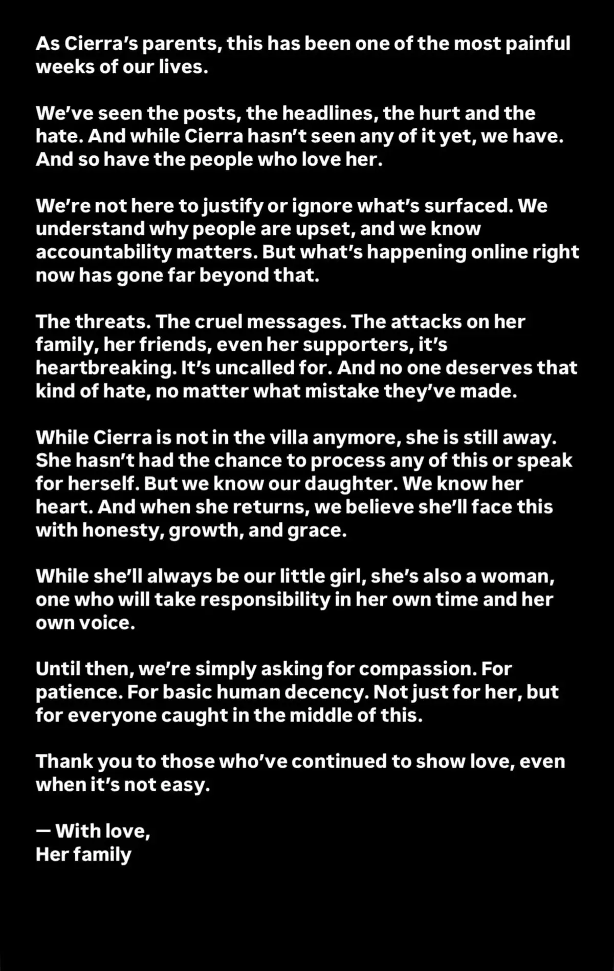 Cierra’s parents have responded. Please be respectful. #loveislandusa #cierraloveisland 🙏🏻🙏🏻🙏🏻