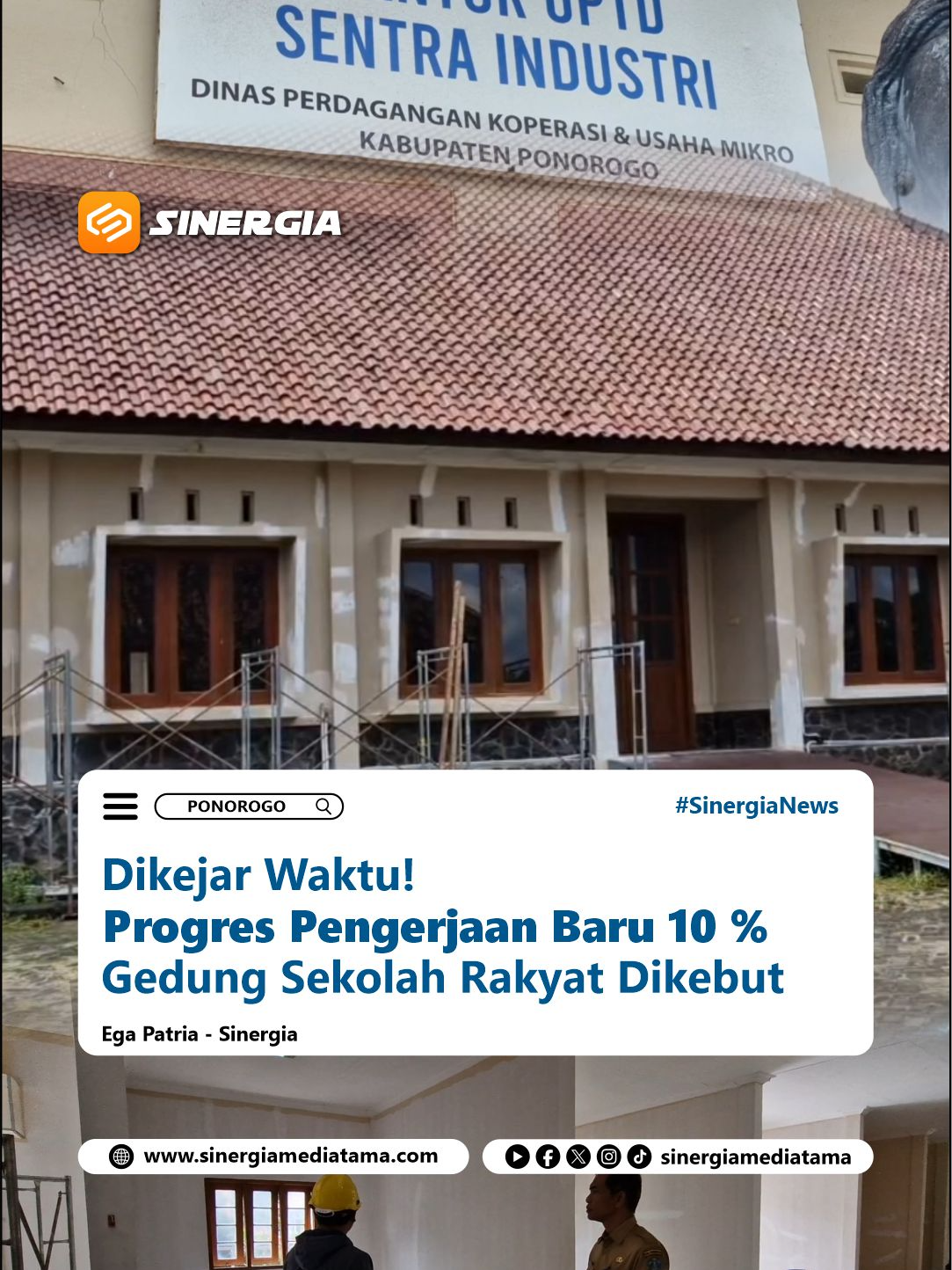 Sinergia | Ponorogo- Pembangunan Sekolah Rakyat di Kabupaten Ponorogo terus dikebut. Meski baru dimulai beberapa hari lalu, proses renovasi gedung bekas Sentra Industri di Jalan Trunojoyo itu ditargetkan selesai pada akhir Juli 2025. Hingga Senin (7/7/2025), progres pembangunan baru mencapai sekitar 10 persen. Belum terlihat adanya sekat untuk ruang kelas maupun asrama siswa. Selain itu, meubeler seperti meja belajar, dipan, dan perlengkapan pendukung lainnya juga belum terdistribusi ke lokasi. Tonton berita selengkapnya di Channel Youtube Sinergia Mediatama #SekolahRakyat #AsramaSiswa #DikejarWaktu #Deadline #BeritaTerkini #Ponorogo #InfoPonorogo #KotaReog #BeritaPonorogo #BeritaMadiunRaya #BeritaMagetan #BeritaNgawi #PonorogoHits #SinergiaNews #SinergiaMediatama
