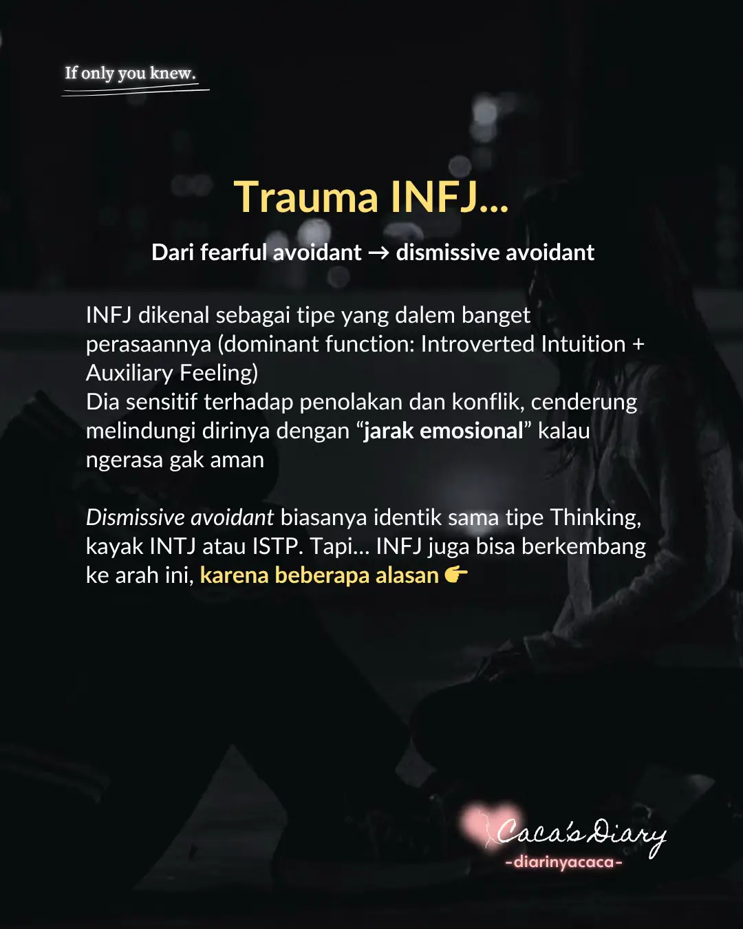 Membalas @Honey gak ada orang yang lahir terus tiba-tiba jadi “dingin”, “jaga jarak”, atau “gak butuh siapa-siapa”. Dismissive avoidant adalah mekanisme perlindungan. Itu bentuk adaptasi dari seseorang yang pernah sangat terbuka, peduli, dan berharap — tapi akhirnya justru dilukai, diabaikan, atau ditinggalkan.  Dan sekarang… satu-satunya cara dia bertahan, ya dengan gak percaya siapa pun 🥲❤️‍🩹 #dismissiveavoidant #avoidant #infj #attachmentstyle #mbti #toxictraits #diarinyacaca #fyp #foryou #avo 