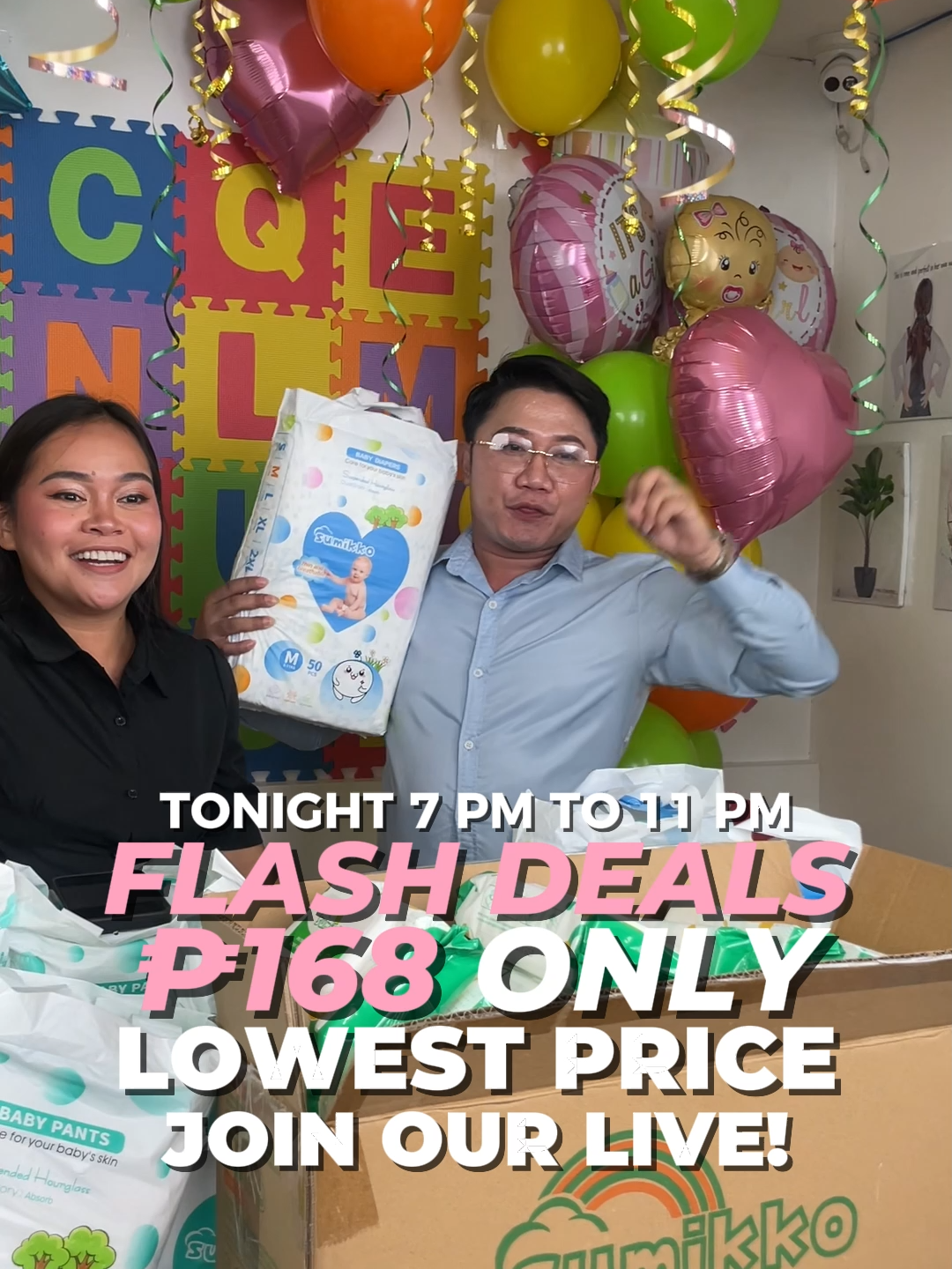 7PM–11PM ONLY: Diaper + Wipes = ₱168!! #DIAPER #babydiapers #SumikkoSale #LiveSellingPH #TikTokMoms #TikTokLivePH #BabyEssentials #WetWipesDeal #77Special
