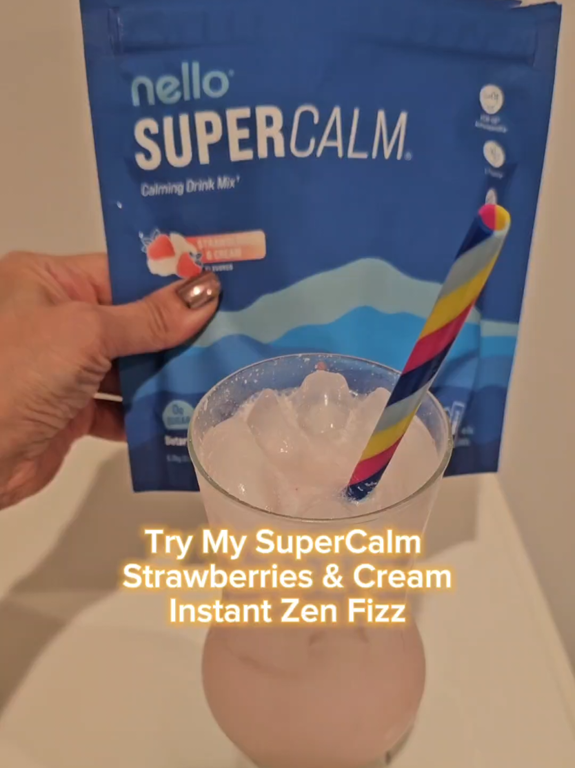 Try my super calming drink elixir recipe... it tastes delish and makes me feel Zen ✌️ You need the @Drink Nello  SuperCalm Strawberries and Cream flavor 🍓🥛 #nello #supercalm #relax  #drinkrecipe #wellness  #wellnesstok 