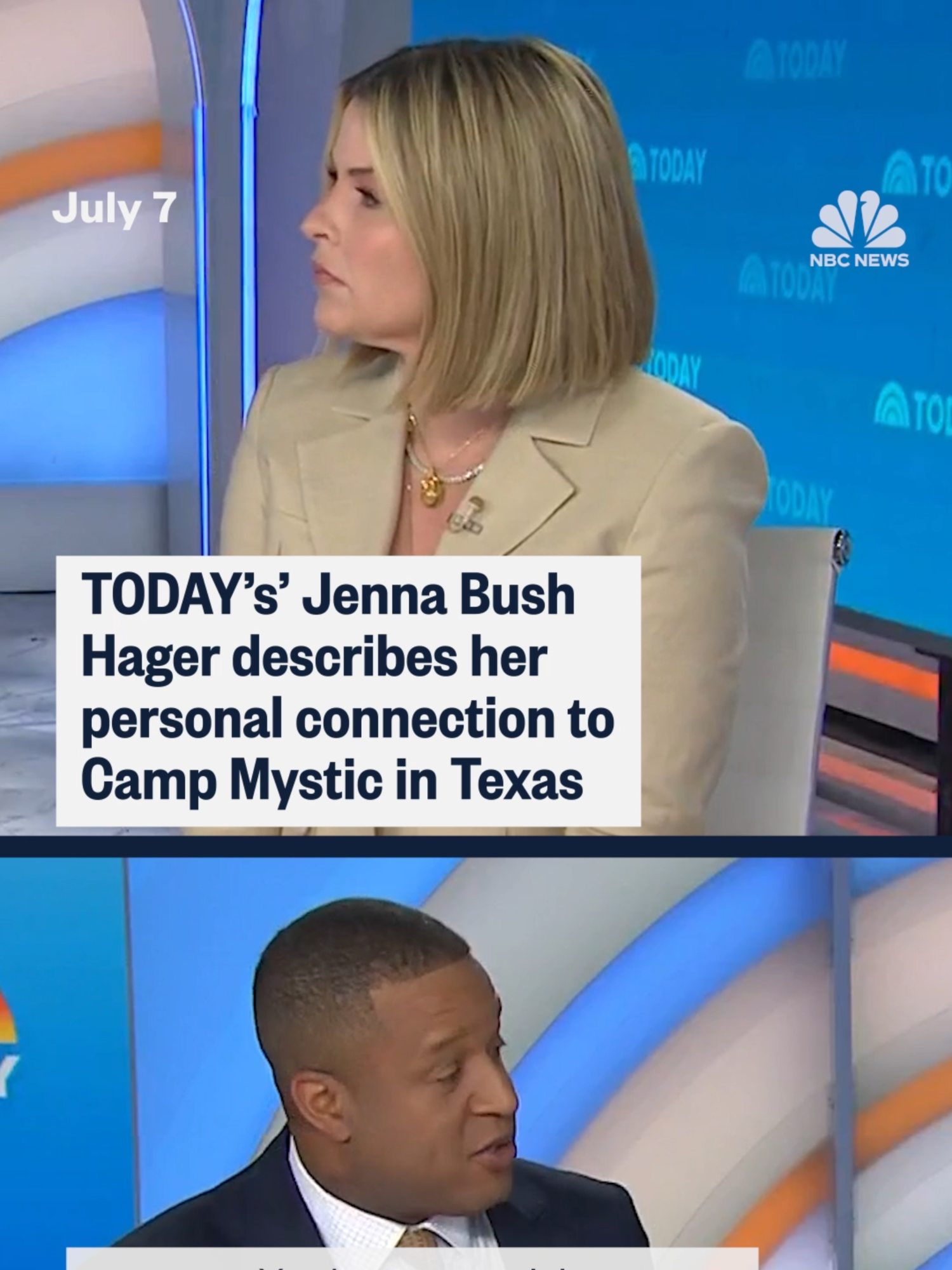 TODAY’s Jenna Bush Hager, whose mom, former first lady Laura Bush, worked at Camp Mystic, opens up about the community there that was struck by the devastating floods in her home state of #Texas and shares memories of camp director Dick Eastland who died protecting campers.