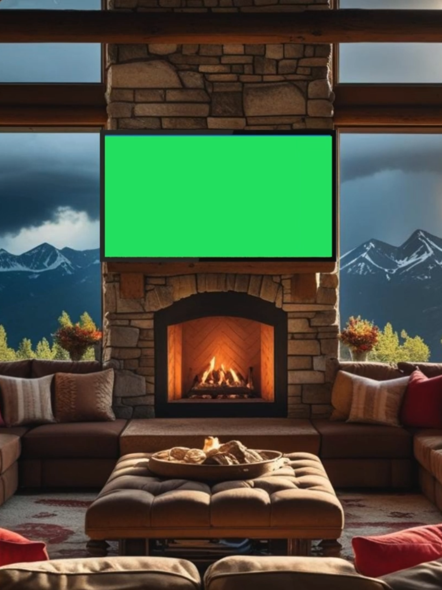 Mountain Cabin Living Rooms With Burning Fireplace and LEDs | Green Screen #fyp #greenscreeneffect #greenscreenvideo