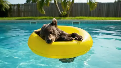 Vacay vibes, If you need me… don’t. Bear cub floating in a back yard pool chilling. #bearcub #pool #vacationmode #funnyanimals #beartok #chill #poolday #summertime #animalsoftiktok 