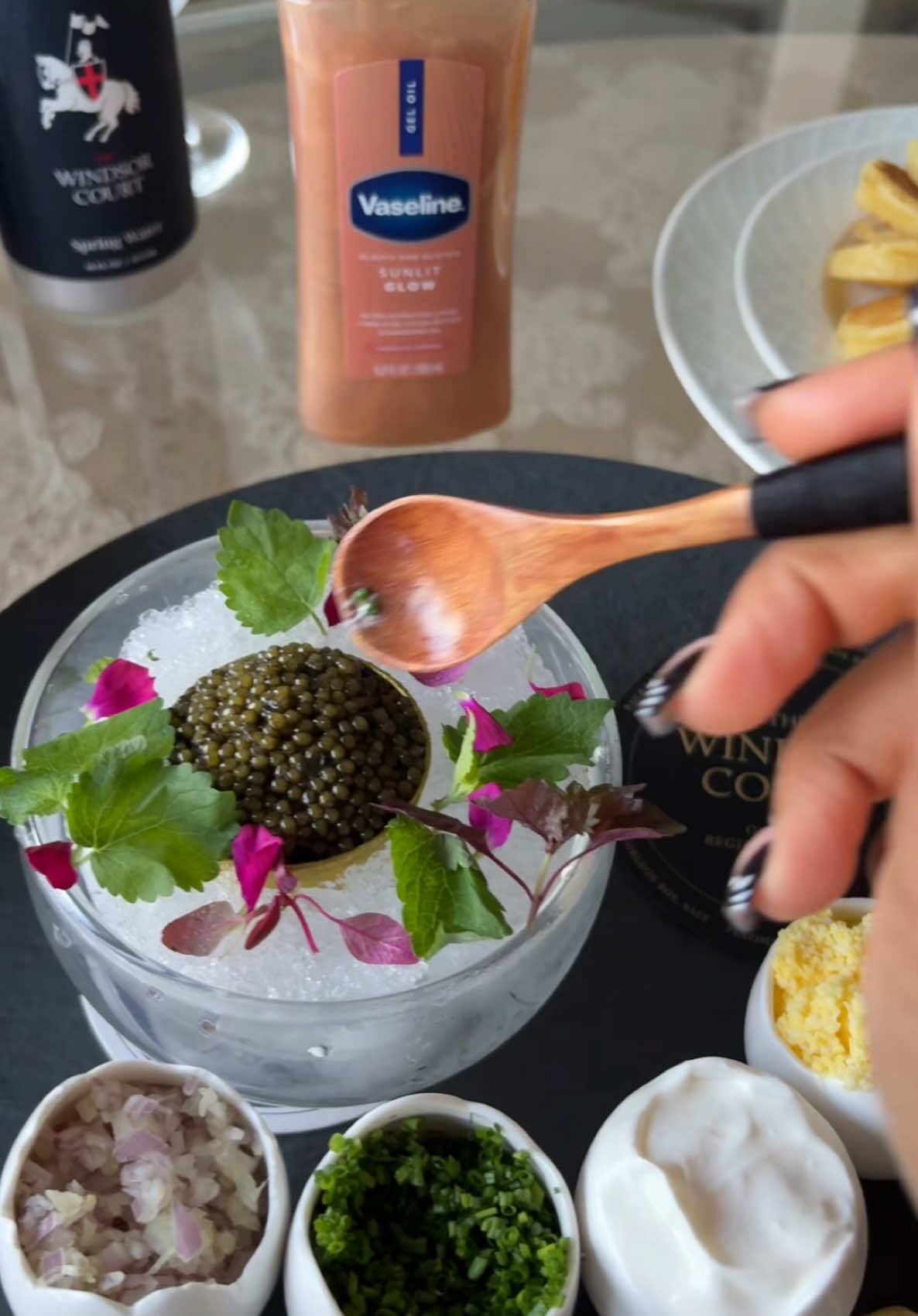 I’ll be ordering a big bowl of this stuff 🙂‍↔️🍽️  #caviar #delicious #cremefresh #pancake 