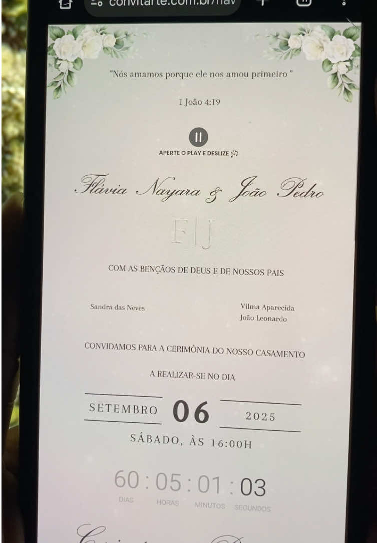 Convite de casamento digital clássico criado para os noivinhos Flávia e João Pedro, resultado maravilhoso 💌❤️ ‼️ Local ocultado para privacidade dos noivos #casamento #savethedate #convitedecasamento #diariodanoiva #noivas2025 #casamento2025 #festadecasamento #convitedigital #conviteinterativo