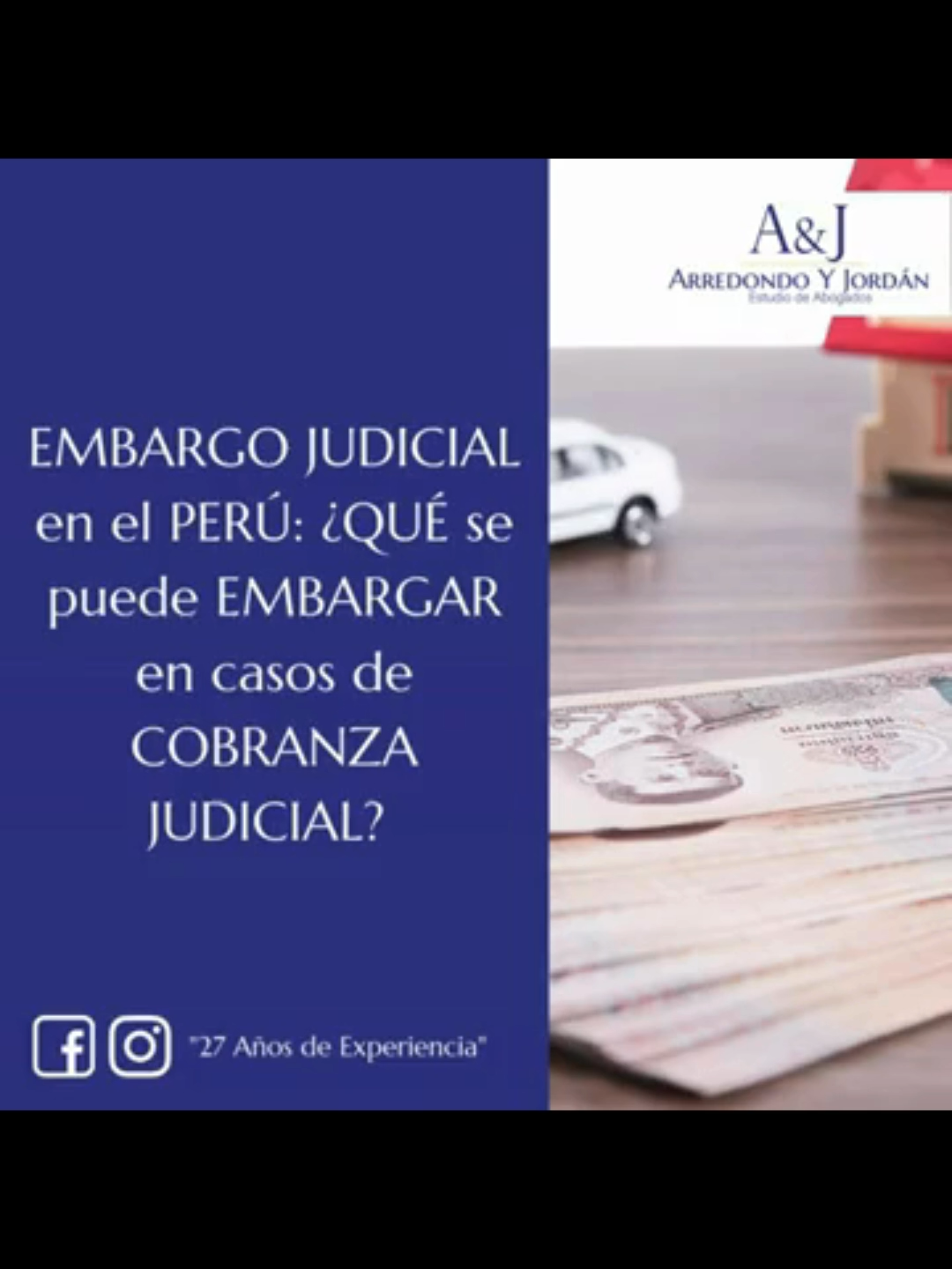 🏠EMBARGO JUDICIAL: ¿QUÉ se PUEDE EMBARGAR en CASOS de COBRANZA JUDICIAL? 📞(+51) 998 678 624 / (+51) 997 175 302 📍 Av. La Molina 905 Of.510, LIMA 15012 ✉ sofia_4547@hotmail.com Pagina web:  https://estudiojuridicoayj.com/ #AbogadoCivil #EstudioJurídicoArredondoJordán #AbogadoenelPerú #Abogadoespecialista #EmbargoenLima #EmbargodeEmpresas #CobranzaJudicialPeru #abogadoenlima  #AbogadoPenal #EmbargoJudicial ✅ Embargo judicial en el Perú: ¿Qué se puede embargar en casos de cobranza judicial?  El embargo judicial en el Perú es una medida cautelar que se utiliza dentro del proceso judicial para asegurar el pago de una deuda y evitar que el deudor incumpla su obligación. A continuación te comentamos que debes de saber sobre embargos judiciales ¿En qué casos se da un embargo judicial? Según el artículo 642 del Código Procesal Civil, el embargo judicial se establece en el contexto de un proceso en el que se afecta jurídicamente un bien del deudor. Esta medida se aplica incluso si el bien embargado está en posesión de un tercero, siempre y cuando la demanda principal sea de naturaleza monetaria.   ¿Qué bienes son embargables? Los embargos pueden recaer sobre cualquier bien que forme parte del patrimonio del deudor, ya que todos estos bienes constituyen una garantía general o prenda común para los acreedores.  Por lo tanto, los acreedores están facultados para solicitar el embargo de dichos bienes en garantía del cumplimiento de la deuda. En resumen, el propósito del embargo judicial por deuda es garantizar el pago al acreedor. Los embargos judiciales se realizan mediante medidas cautelares. Estas están diseñadas para asegurar la ejecución de una sentencia dentro de un proceso judicial y pueden solicitarse desde el inicio del mismo.  ¿El embargo se puede dar de manera inmediata? El embargo judicial puede ser solicitado de manera inmediata como medida cautelar en situaciones específicas, por ejemplo, cuando existe el riesgo de que el deudor transfiera el bien a otra persona.  Esta medida puede solicitarse tanto al inicio del proceso como durante su desarrollo, siempre que se cumpla con los requisitos legales: la existencia de una relación jurídica obligatoria entre el deudor y el acreedor, y una obligación dineraria o valorizable en dinero. En Perú, el embargo judicial puede aplicarse tanto en procesos de ejecución únicos como en las etapas de ejecución correspondientes a acciones de cognición, tales como los procesos de conocimiento, abreviado y sumarísimo.   ¿Qué tipos de patrimonio son embargables? En el Perú el embargo judicial es una institución jurídica que tiene finalidad de retener de un  bien para dar cumplimento de una deuda, este embargo puede ser Bienes Muebles, Bienes Inmuebles, Embargo de Dinero, Embargo de Derechos de Crédito, Embargo de Sueldos, embargos  Preventivo Embargo Ejecutivo. En ese mismo sentido obstante  ¿Qué tipos de embargos existen en el Perú? El código civil señala los tipos de embargos los cuales son: 1) Embargo en forma de inscripción Este embargo tiene la finalidad de inmovilizar jurídicamente un bien para evitar que el deudor disponga de él. Se aplica a bienes inscritos en los Registros Públicos, notificando que el bien está afectado por una deuda determinada.  Aunque la inscripción no impide la transferencia del bien a otra persona, se informa a los potenciales compradores sobre la afectación del bien debido a esta medida cautelar, la cual se mantendrá hasta la sentencia final. La inscripción se realiza mediante una anotación en la ficha registral del bien.  Embargo en forma de retención Esta medida cautelar básicamente retiene los derechos o bienes que se encuentran en posesión de terceros. Es principalmente utilizada para el aseguramiento del cumplimiento de una obligación y o deuda pecuniaria. Esta se puede accionar cuando el bien que está con la medida cautelar está en posesión de un tercero como por ejemplo, una cuenta bancaria o bienes se encuentran  almacenados en un depósit