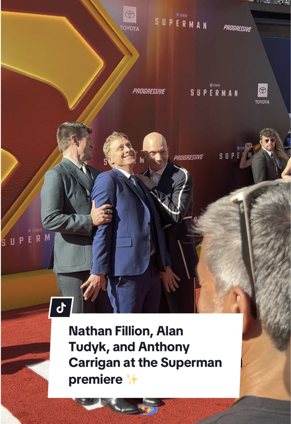 Nathan Fillion, Alan Tudyk, and Anthony Carrigan pose together at the Superman premiere ✨ #nathanfillion #alantudyk #anthonycarrigan #superman #premiere 