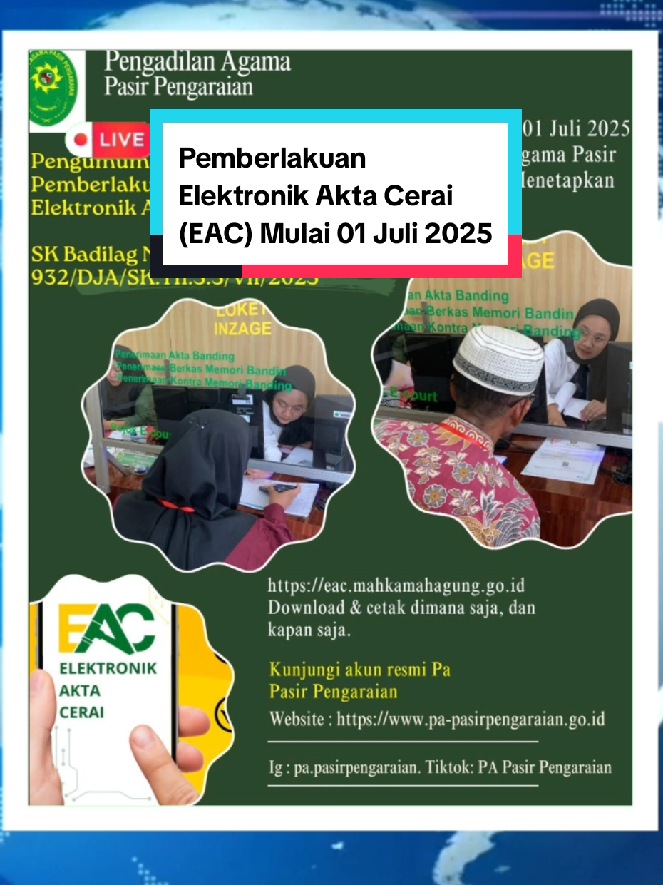 Pasir Pengaraian, 1 Juli 2025 – Pengadilan Agama Pasir Pengaraian resmi memberlakukan Akta Cerai Elektronik (e-Akta Cerai) mulai bulan Juli 2025. Kebijakan ini mengacu pada Surat Keputusan Direktur Jenderal Badan Peradilan Agama Mahkamah Agung RI Nomor 932/DJA/SK.TI1.3.3/VII/2025 tentang Pemberlakuan Akta Cerai Elektronik pada Pengadilan Agama seluruh Indonesia. Dengan sistem baru ini, para pihak dalam perkara perceraian dapat mengunduh akta cerai melalui aplikasi e-Court Mahkamah Agung setelah perkara inkrah, tanpa harus menunggu dokumen fisik. Ketua PA Pasir Pengaraian menyatakan bahwa kebijakan ini merupakan bagian dari upaya modernisasi pelayanan publik dan peningkatan efisiensi peradilan. “Melalui akta cerai elektronik, masyarakat akan mendapatkan layanan yang lebih cepat, mudah, dan transparan,” ujarnya. Pengadilan Agama Pasir Pengaraian mengimbau kepada seluruh pihak pencari keadilan untuk memanfaatkan layanan ini dengan sebaik-baiknya. Untuk informasi lebih lanjut, masyarakat dapat mengunjungi situs resmi PA Pasir Pengaraian atau datang langsung ke meja layanan. #viral  #ptsp #elektronikaktacerai #aktacerai #mahkamahagung #papasirpengaraian 