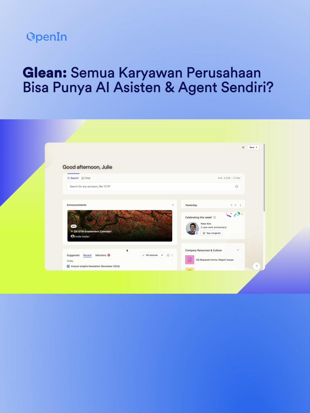 Setiap karyawan bisa punya AI assistant sendiri? Produktivitas bakal melonjak! OpenMin penasaran gimana implementasi ini di perusahaan Indonesia 🚀 #Glean #AIWorkplace #OpenMin