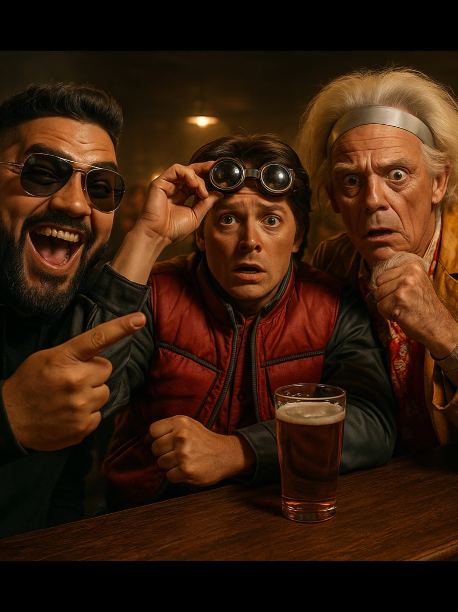 ACA TE DEJO EL PROMPT: Escena cinematográfica hiperrealista ambientada en un bar irlandés tenue y con humo. En la barra están sentados tres personajes, de frente a la cámara en un ángulo picado con lente gran angular. El primero es un hombre con barba, cabello corto oscuro y prolijo (idéntico al de la referencia subida), expresión de risa y carcajada, lentes de sol estilo aviador y señalando con la mano derecha a ellos dos, vestido con un buzo canguro color negro resaltando los detalles del rostro. A su lado, Marty McFly y el Dr. Emmett Brown con los rasgos de 1989, vestidos exactamente como en Back to the Future Part II (con chaleco rojo, chaqueta futurista, gafas de viaje en el cabello), ambos con la misma expresión de sorpresa que en el póster original, (con la mano derecha levantándose los anteojos iguales que en el poster). El fondo muestra una mesa de billar con rockeros jugando, otras mesas llenas de personas con estética rockera riendo, tomando cerveza. Iluminación tenue con luces cálidas, atmósfera cargada de humo. Contraste fuerte entre luces y sombras al estilo Dodge and Burn, resaltando detalles faciales. Estilo cinematográfico hiperrealista como si fuera tomada con cámara Sony mirrorless full-frame en resolución 4K. . . . . #backtothefuture #volveralfuturo #martymcfly #delorean #ia #ai #inteligenciaartificial 