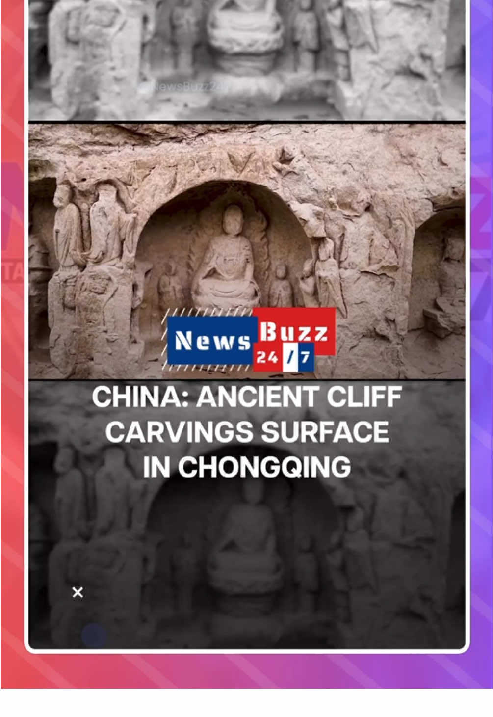 🧱 China’s Hidden History Emerges From Water! 🇨🇳 A rare and stunning archaeological discovery has surfaced in Chongqing, Southwest China, as falling water levels at Yutan Reservoir revealed a set of 27 Buddhist rock carvings dating back to the Song Dynasty (960–1279). Located in Dazu District—famous for its UNESCO‑listed rock art—the carvings are preserved in six individual niches carved directly into the rock face. Experts believe the statues may have been submerged for decades, possibly centuries, and are tied to the Buddhist traditions of the region. Authorities are now working to document, protect, and possibly restore the site. Local residents and tourists have flocked to see the centuries-old sculptures emerge from the reservoir floor, offering a glimpse into China’s spiritual and artistic legacy. #ChinaDiscovery #SongDynasty #YutanReservoir #ChongqingNews #AncientStatues #HiddenHistory #BuddhistArt #CulturalHeritage #ChinaArchaeology #NewsBuzz247 #FYF 