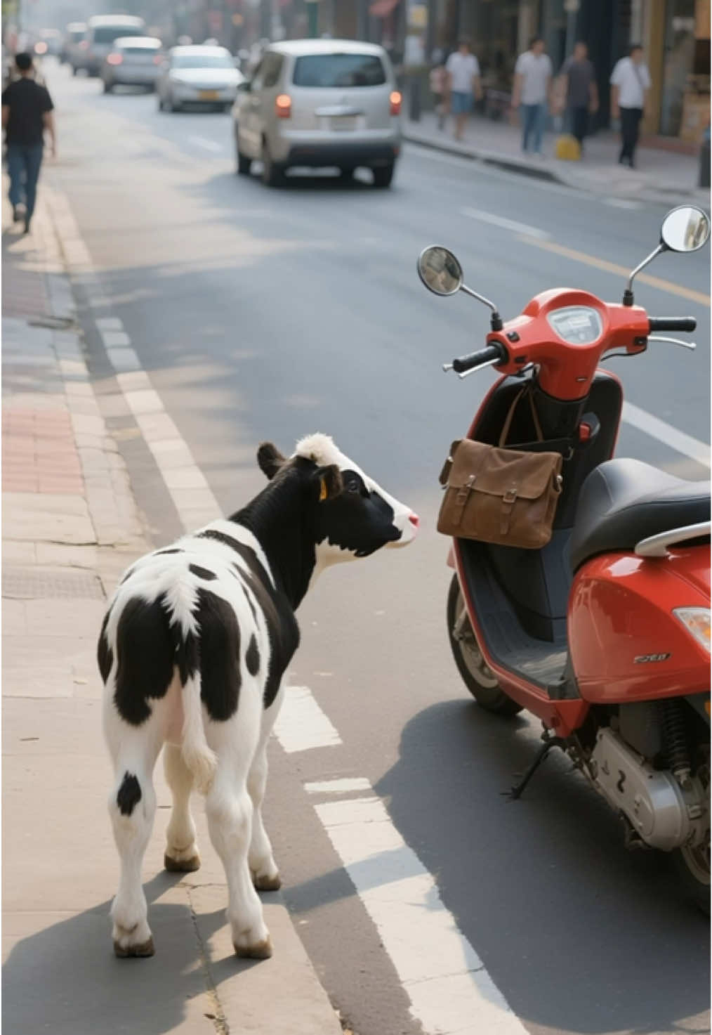 This operation is amazing! The little cow is running wild on a red motorcycle, and the drivers on the road are so scared that they quickly hit the brakes to avoid it.