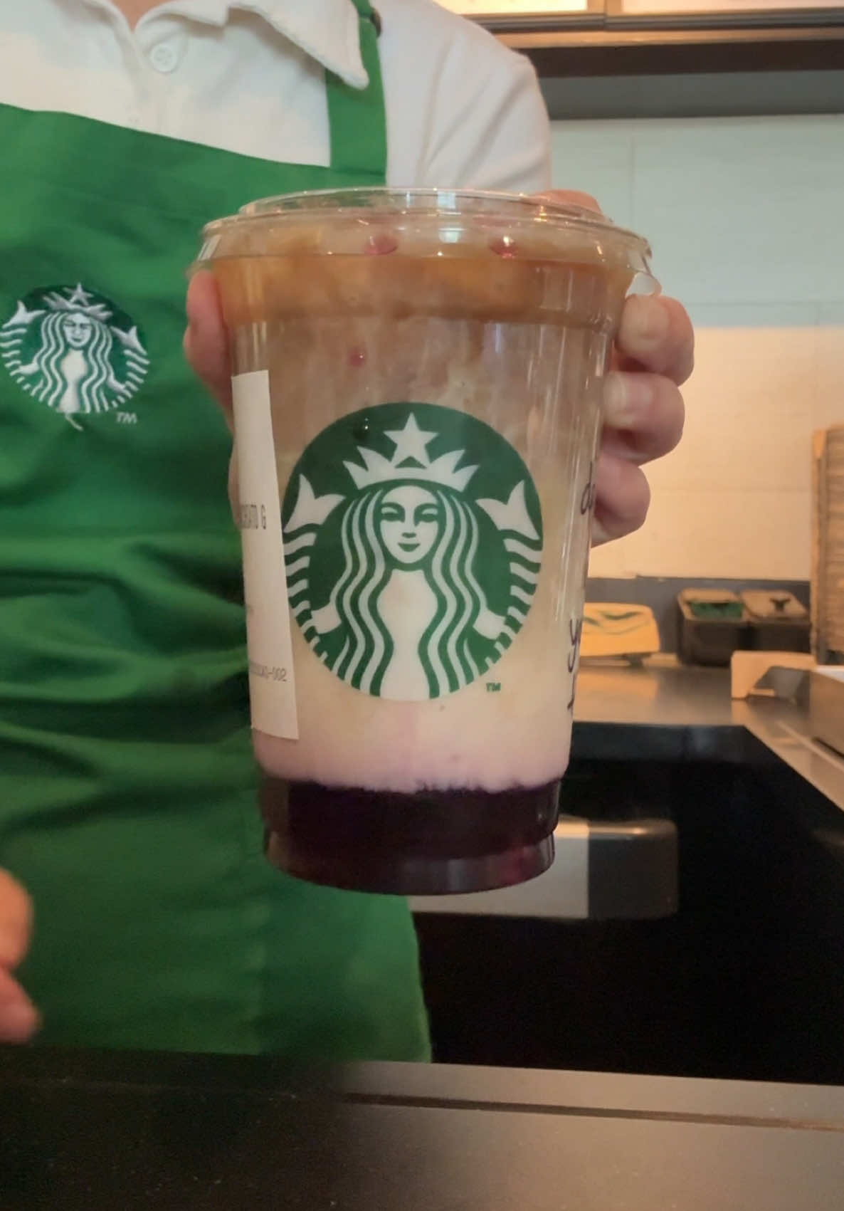 Crunchy Ube Oatmilk Macchiato - Nutty Oatmilk Swirled with Earthy-Sweet Ube and Bold Espresso #starbucks #starbucksdrinks #starbucksbarista #fyp #drinktok #Recipe #coffee #latte #ube #oatmilk #macchiato #taro 