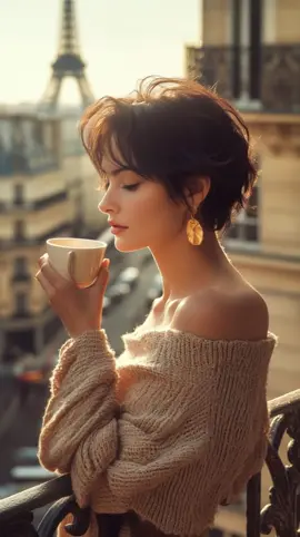 She drinks her coffee and looks at the city like Paris belongs to her ☕🌇 Morning light, soft silence, a gaze filled with untold stories. Follow if this feels like you too 🤍 #aestheticgirl #parisvibes #aibeauty #cinematicai #morningmood #parisbalcony #elegantstyle #visualpoetry #shebyai 
