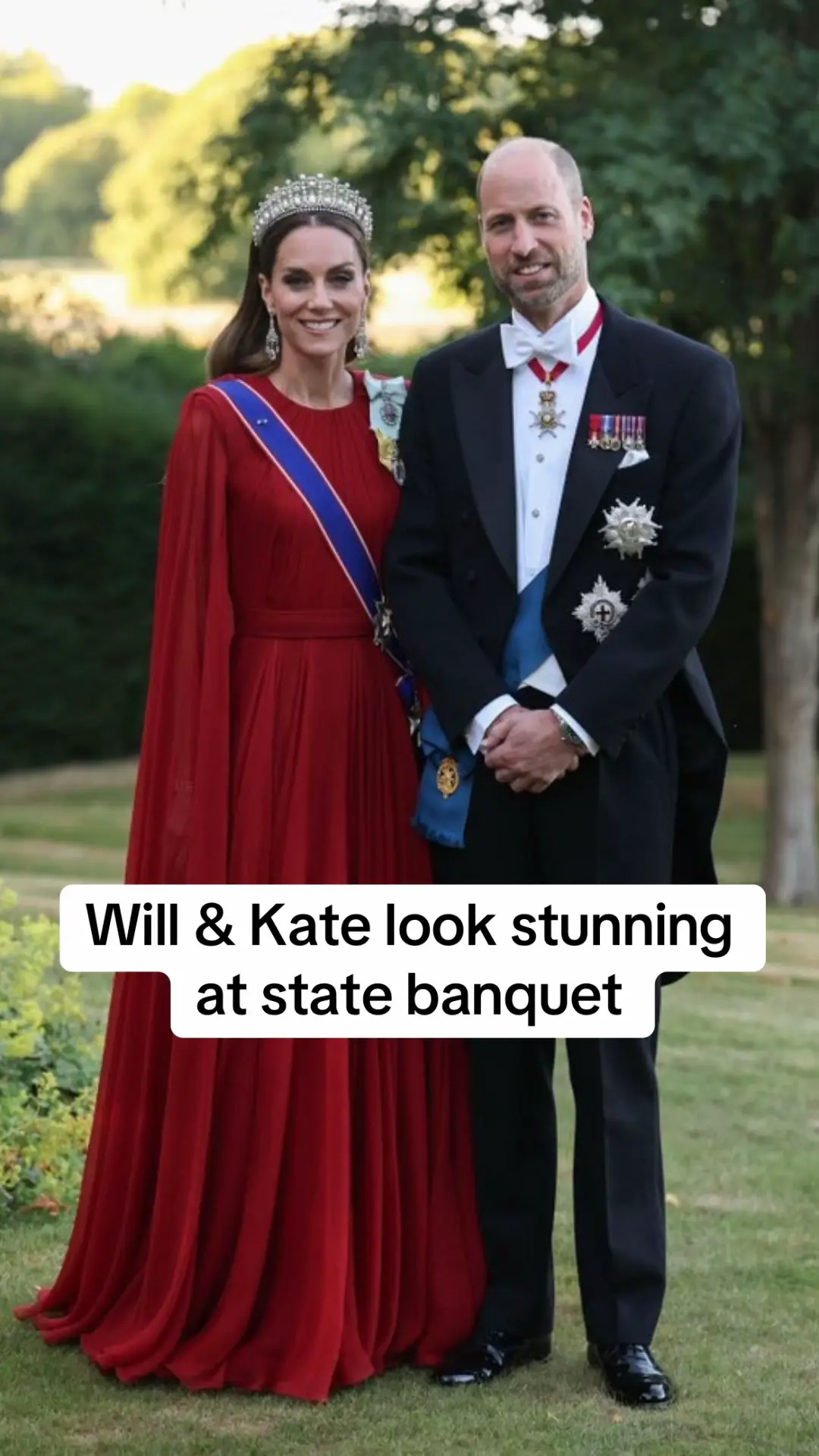 The Prince and Princess of Wales attended this evening's state banquet at Windsor Castle as they welcome the Macrons to the United Kingdom. Kate was a vision in scarlet, as she sported a gown with caped back detailing, designed by Sarah Burton for Givenchy. It is worn with a Lily of the Valley embroidered evening clutch Read more about the glitzy event at DailyMail.co.uk #royalfamily #royaltok #katemiddleton #princewilliam #kingcharles 