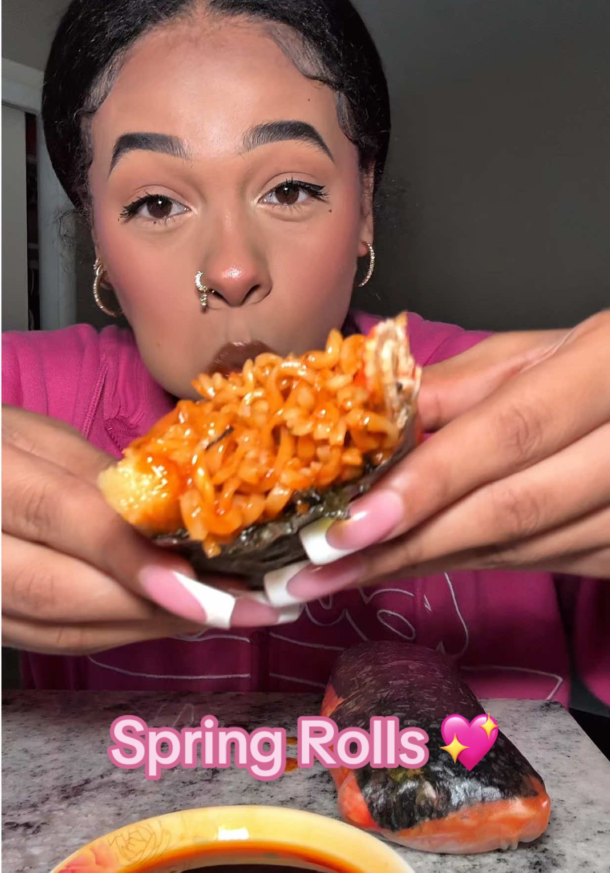 Yall this was so good like omg! I could eat this everyday! Also in my last video I said “noods” as in noodles yall 😭😭😭😭 why would I be putting nudes in a spring rolls like please😭😭😭 I was just abbreviating 😭 but I love Yall so much have a blessed day God loves us!!💖💖💖💖💖💖🍀🍀🍀🍀🍀 #fyp #fypシ゚viral #fypage #viralvideo #viraltiktok #blowthisup #foryoupage #viral #asmr #eating #trending #fypシ #creatorsearchinsights #tiktok #buldak #springrolls #springrolls #springroll 
