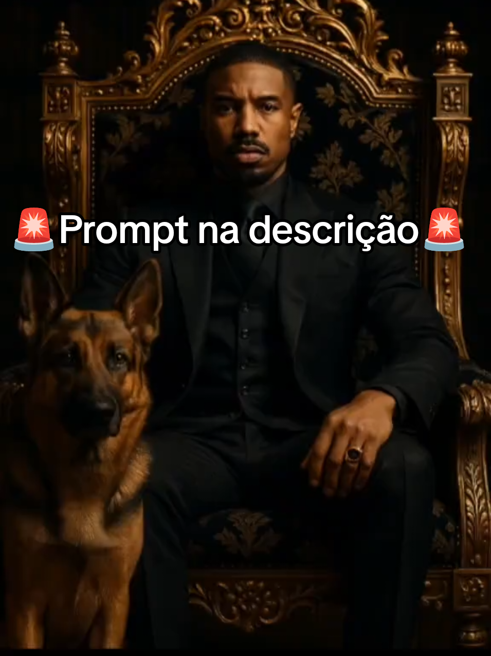 🚨 Prompt 👇🏽 create a portrait of an elegant person sitting with an imposing posture on a luxurious baroque throne, carved in dark wood with ornate gold carvings and upholstered in black velvet embroidered with gold floral patterns. He is wearing a tailored black three-piece suit (jacket, waistcoat, trousers), black shirt and black satin tie. On the little finger of his right hand, he wears a gold ring with a prominent black stone. His gaze is direct, with a serious and dominant expression, based on the attached image. To his left, a German Shepherd dog is sitting, with a firm posture and staring straight ahead. In the background, an old office wall full of books, with a blurred background (bokeh effect) to enhance the depth of field. Dramatic and contrasting lighting, with warm side light and intense shadows, creating a cinematic atmosphere of power and mystery. The light highlights the details of the throne, the texture of the suit and the shine of the ring. Hyperrealistic style, 8K resolution, dark and imposing atmo. #CapCut  #tik_tok  #chatgpt  #michaeljordan  #IA  #prompt  #ideias 