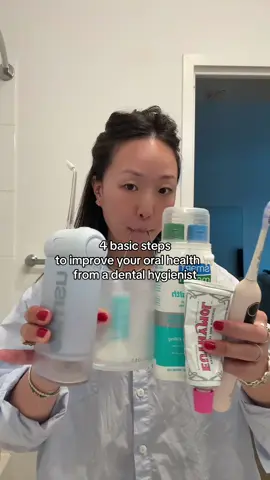 If you wanna take your oral health seriously, IT’S NOT TOO LATE!!! Here are the 4 basic steps!!! I usually like to do this routine at night-  Floss, water flosser, brush, and tongue scrape 😚 @usmile.official toothbrush + waterflosser  @MEETCOCOLAB floss @SmartMouth rinse  @Euthymol US  Tongue scraper from Amazon  #oralhealth #essentials #fyp #dentalhygienist #oralhygiene #stepbystep #routine #primeday #amazon #oralcare #teethtok #badbreath #goodbye 