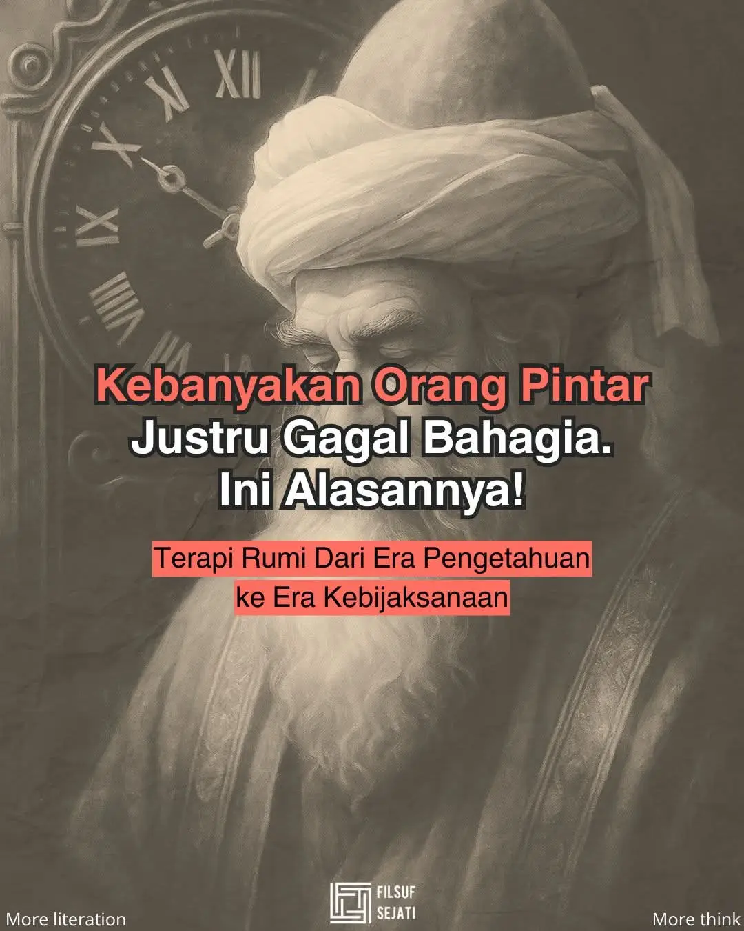 Kebanyakan Orang Pintar Justru Gagal Bahagia. Ini Alasannya !!!  Apa bedanya orang berpengetahuan (knowledge) dan orang bijak (wisdom) Menurut Prof. Nevzat Tarhan dalam buku Terapi Rumi, banyak orang terpelajar tapi hidupnya penuh kegelisahan. Mereka mengira kepintaran = kebahagiaan.   Padahal, Rumi berkata :   