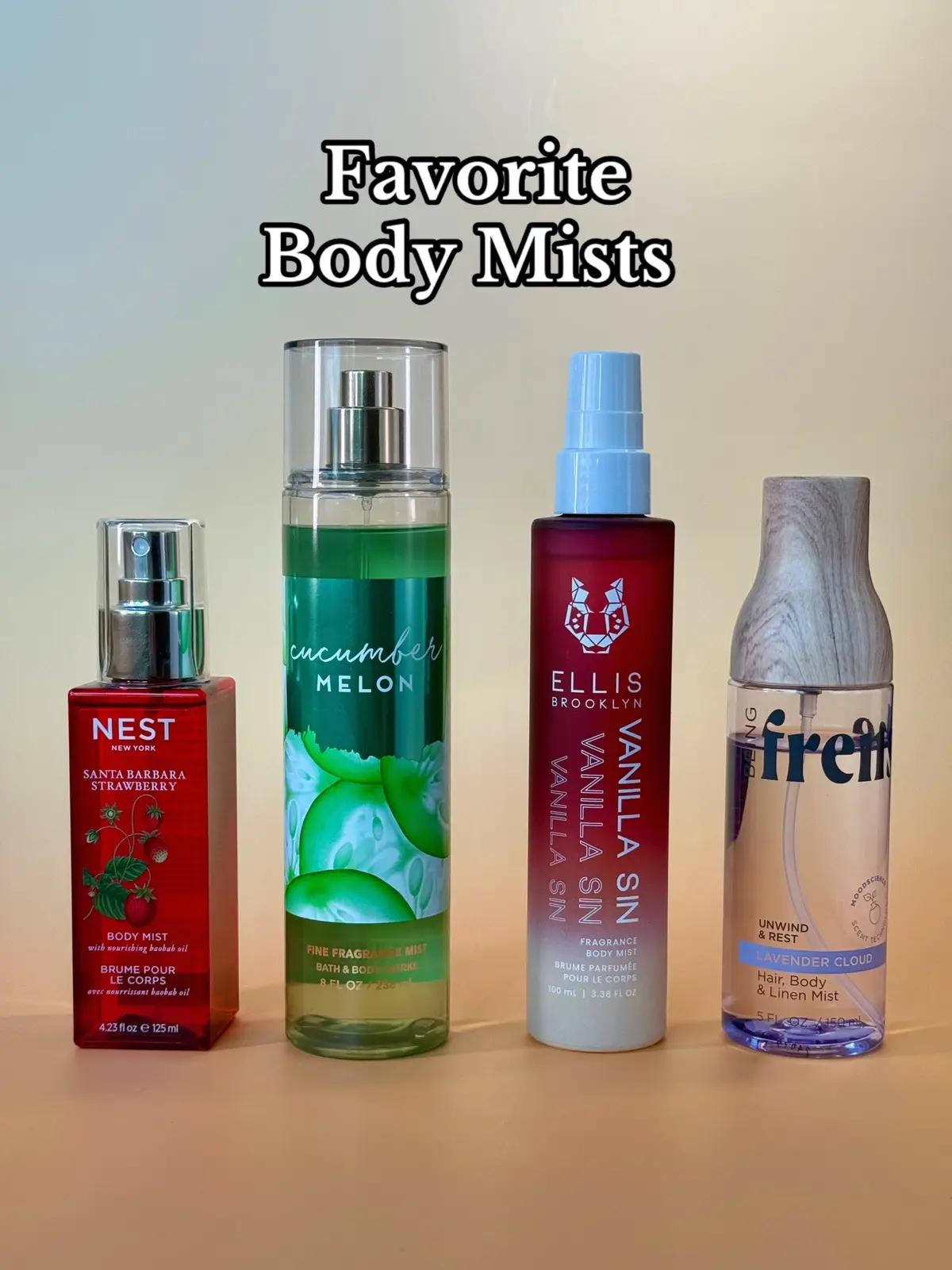 @NEST New York - Santa Barbara Strawberry @Bath & Body Works - Cucumber Melon @Ellis Brooklyn - Vanilla Sin @BEING FRENSHE - Lavender Cloud  #bodymist #perfumetok #boyco #boycobeauty #boycosniffs 