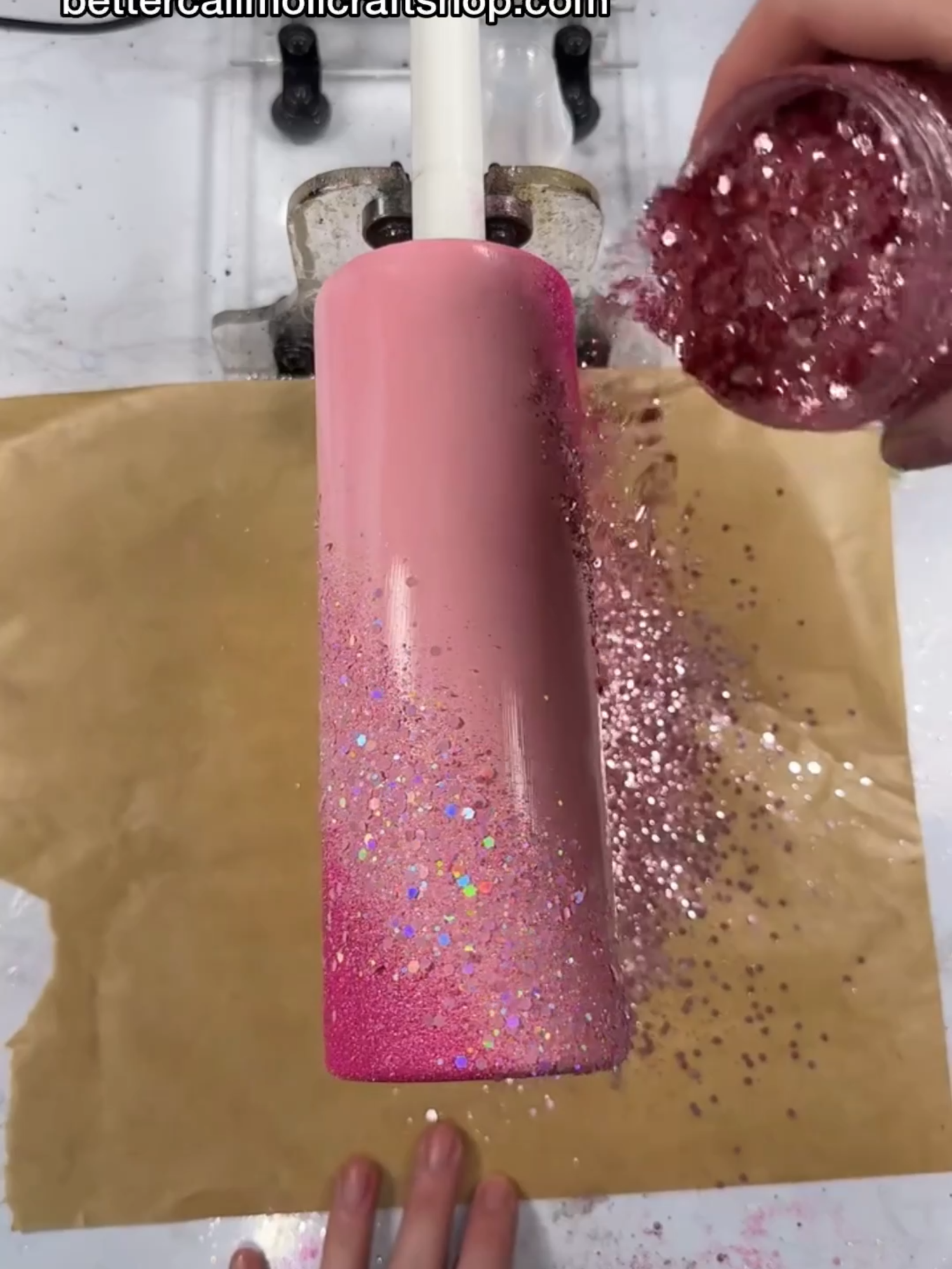 Painting and Glittering a Tumbler with Aurora Paint and Helios Crafter's Glue.  Once the glue is dry, it will be ready for epoxy free HYPERION top coat   Supplies used from bettercallmollcraftshop.com:  • 20oz skinny sublimation tumbler - sanded to prep • Aurora 3-in-1 Paint - color Strawberry Shortcake  • Helios Crafter's Glue   • HYPERION epoxy free top coat Glitter from @cultglitterco - code bettercallmoll saves!   #epoxyfree #tutorial #tumbler #hyperion #helios #aurora #milkyway #pink #pinkglitter #glittertumbler #epoxyfreetumbler