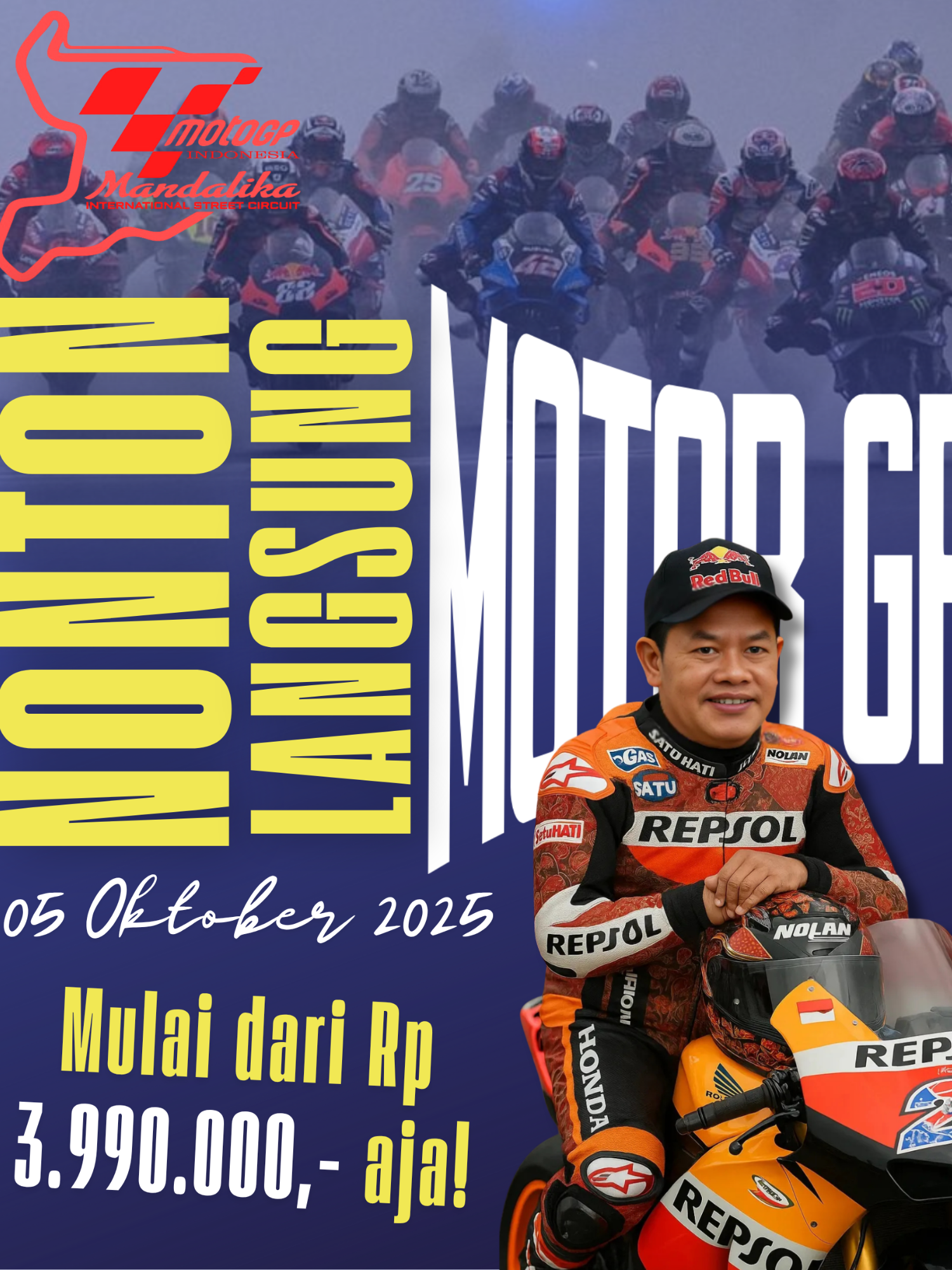 Nonton Langsung MotoGP Mandalika 2025! 🏍️🔥 Rasakan sensasi adrenalin di lintasan Mandalika, NTB – langsung dari tribun! 📆 5 Oktober 2025 💸 Mulai dari Rp 3.990.000,- aja! Sudah termasuk: ✅ Tiket nonton MotoGP ✅ Akomodasi nyaman ✅ Transportasi lokal ✅ Tour seru di sekitar Mandalika Jangan cuma nonton di TV, waktunya nonton langsung! Booking sekarang sebelum kehabisan! 📲 Info Pemesanan :  Isi Kolom Komentar  