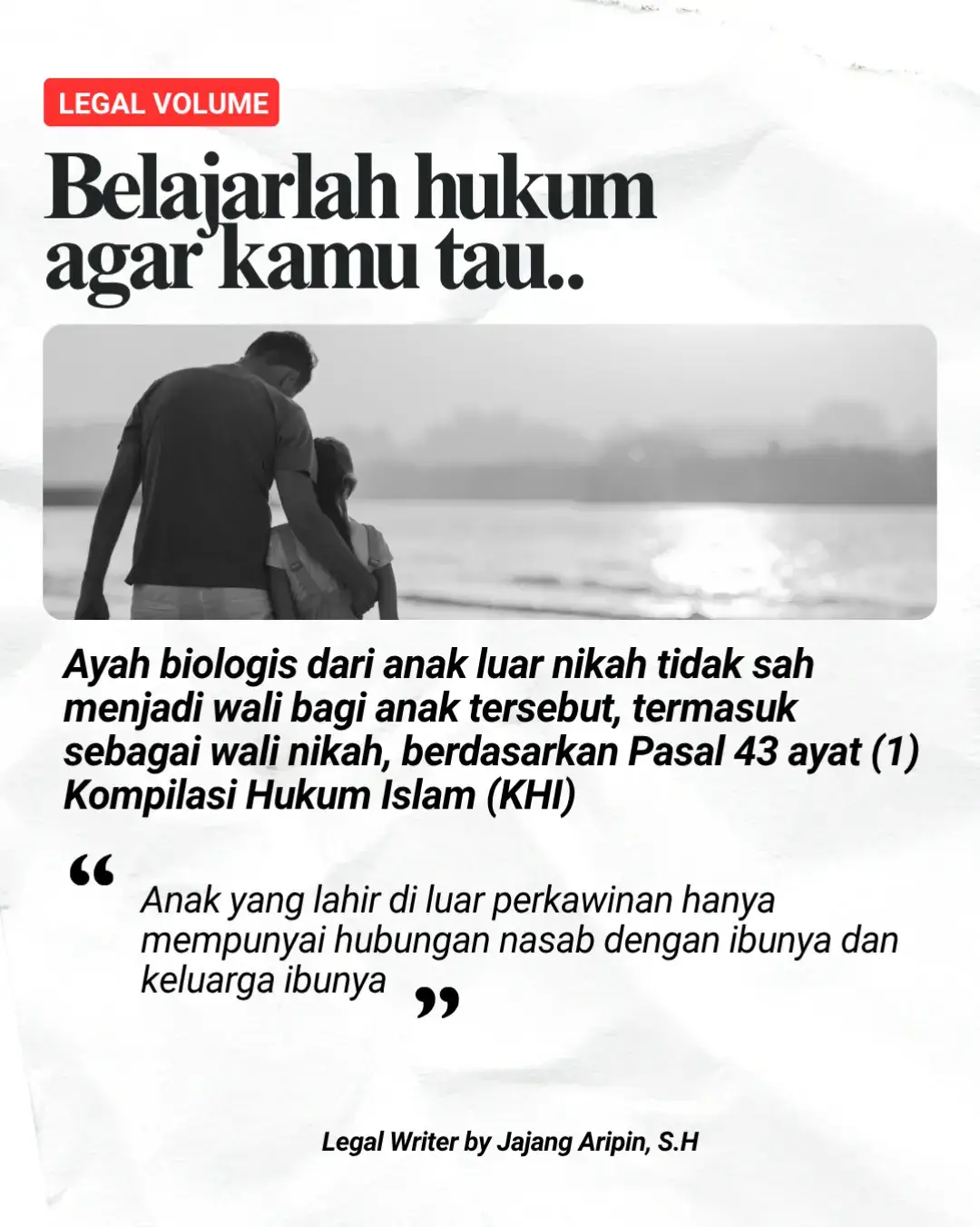 Ayah kandung dari anak luar nikah tidak sah jadi wali nikah. Hukum Islam tegas: tanpa nasab, tak ada kewenangan. Ini bukan soal aib, tapi soal sah atau tidaknya akad. #LegalVolume #FYP #HukumIslam #Nasab #WaliNikah #KHI #EdukasiHukum #AnakLuarNikah #HukumKeluarga #WaliHakim 