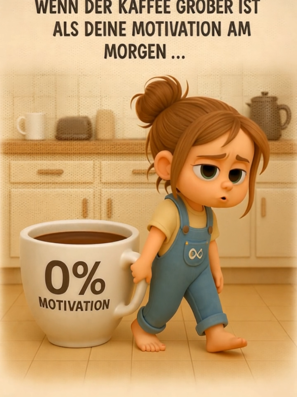 „Ich sag’s euch wie’s ist: Motivation? 0%. Laune? Minus 300. Aber dieser Kaffee? Größer als meine Hoffnung auf ein funktionierendes Leben vor 10 Uhr! ☕💀 Also bevor ihr weiter scrollt, lasst ’nen Like da – sonst kipp ich euch den Kaffee direkt in die Timeline. Und wer heute auch wie ein Zombie im Schlabberlook durch die Küche kriecht, schreibt: #TeamMorgenmuffel in die Kommentare! Ach, und falls ihr denkt, das ist übertrieben: Ich trag die Tasse bald wie ’n Rucksack. 🎒😂 #0ProzentMotivation #KaffeeOderKoma #TikTokWecktMichNicht #MorgensBinIchGefährlich “