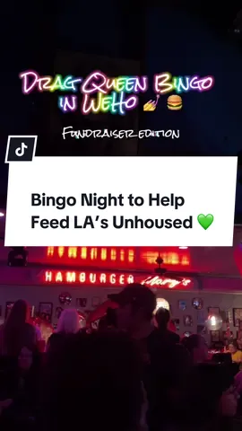 bingo burgers and feeding la 💚. casting director jason kennedy invited me to this drag bingo night at hamburger mary’s — but it wasn’t just for fun. it was a fundraiser for @everydayactionorg, a nonprofit that feeds unhoused folks in LA by collecting leftover food from film & TV sets and redistributing it daily. they host events like this sometimes, but their team is out every week, picking up food, delivering meals, and making sure good food doesn’t go to waste. 💚 if you’re in LA and want to get involved, they’re always looking for volunteers. check their site or DM them  #laevents #dragqueenbingo #thingstodoinla #everydayaction #volunteerla #volunteer #givingback #skidrow #hamburgermarys #feedla 