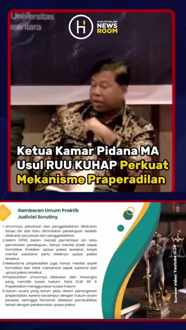 Ketua Kamar Pidana Mahkamah Agung (MA), Prim Haryadi, mengatakan hakim pemeriksa pendahuluan (HPP) tidak tercantum dalam RUU KUHAP yang disusun Komisi III DPR dan Daftar Inventarisasi Masalah (DIM) yang dibentuk pemerintah. Tapi fungsi HPP itu ada dalam bentuk izin atau persetujuan dari pengadilan sebelum melakukan upaya paksa. Judicial scrutiny merupakan konsep di mana upaya paksa yang dilakukan aparat penegak hukum harus diperiksa dan diuji pada forum terbuka dan berimbang. Kemudian diputuskan oleh hakim yang posisinya independen. Prim menjelaskan praktiknya selama ini aparat melakukan lebih dulu penyitaan dan penggeledahan tanpa izin pengadilan. Aparat baru meminta persetujuan itu setelah dilakukan penyitaan dan penggeledahan.  Sama seperti praperadilan, misalnya hakim hanya memeriksa kecukupan 2 alat bukti yang digunakan. Padahal yang diharapkan masyarakat RUU KUHAP mengatur lebih tegas sehingga hakim praperadilan bisa menyasar substansi perkara. “Kita berharap RUU KUHAP mengatur tegas, jadi praperadilan perlu diatur substansinya agar tidak sekedar formalitas,” ujarnya. Pembenahan praperadilan ini menurut Prim perlu menyasar hukum acaranya karena selama ini mengacu mekanisme perdata. Sehingga pembuktian tidak dibebankan kepada aparat penegak hukum.  Padahal jelas, aparat yang memegang semua bukti dalam perkara. Praktik ini menyulitkan kalangan advokat karena bukti ada di pihak penyidik. RUU KUHAP harus mengubah dan mempertegas hukum acara praperadilan untuk mengatasi persoalan ini. Prim menyebut tidak ada persoalan tentang nama lembaga apakah HPP, praperadilan atau lainnya. Paling penting prinsipnya sama yakni dapat menguji sebelum dan setelah dilakukan upaya paksa. #praperadilan #ruukuhap #fyp #Hukum 