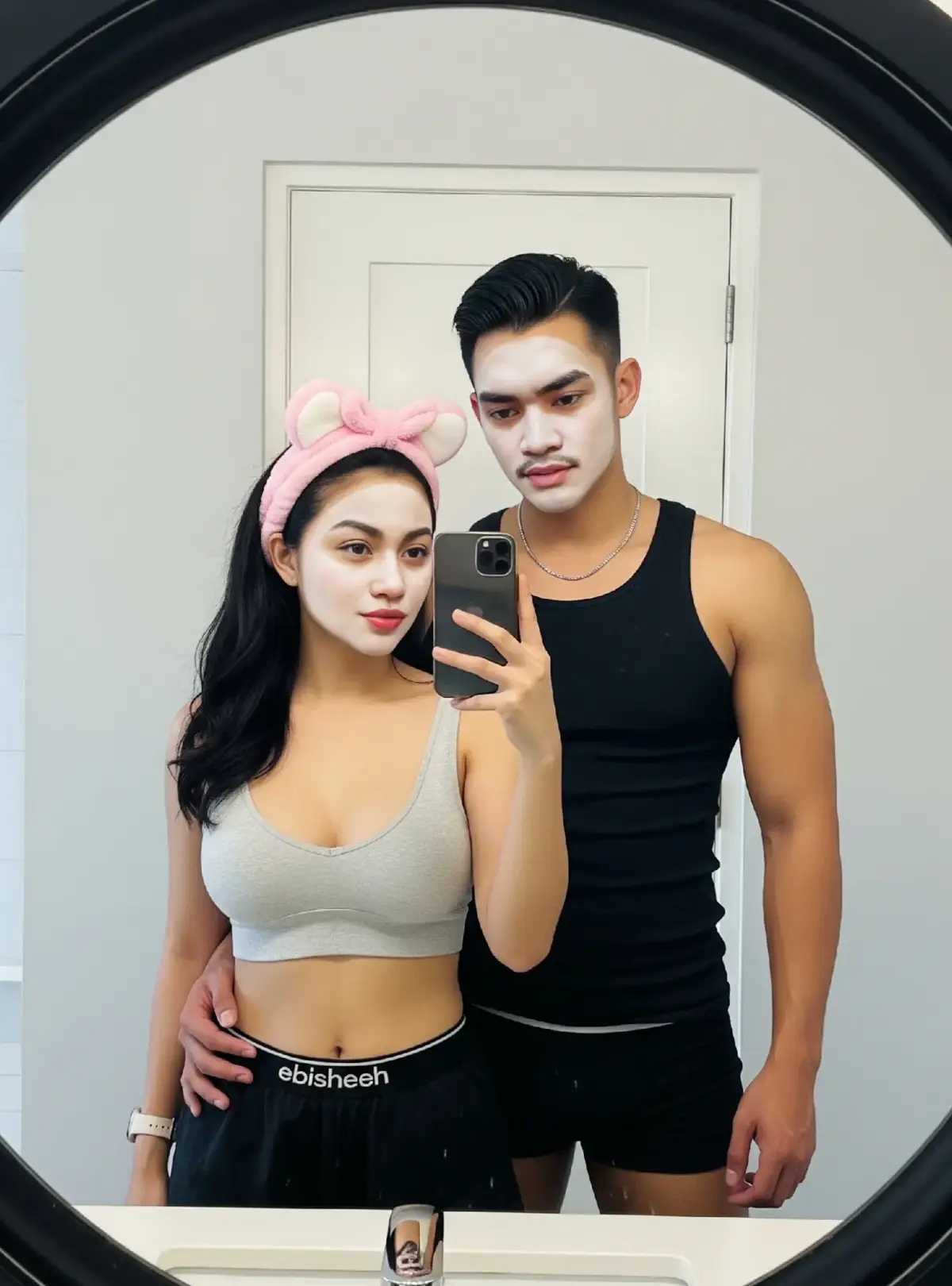 Promt Gemini :A Sundanese man and woman are taking a photo in front of a large mirror in a modern bathroom. Woman: Wearing a pink furry headband accented with cute ears like a cartoon character or animal. Long black hair. Face covered by a white face mask. Wearing a gray bralette and black shorts with the word 